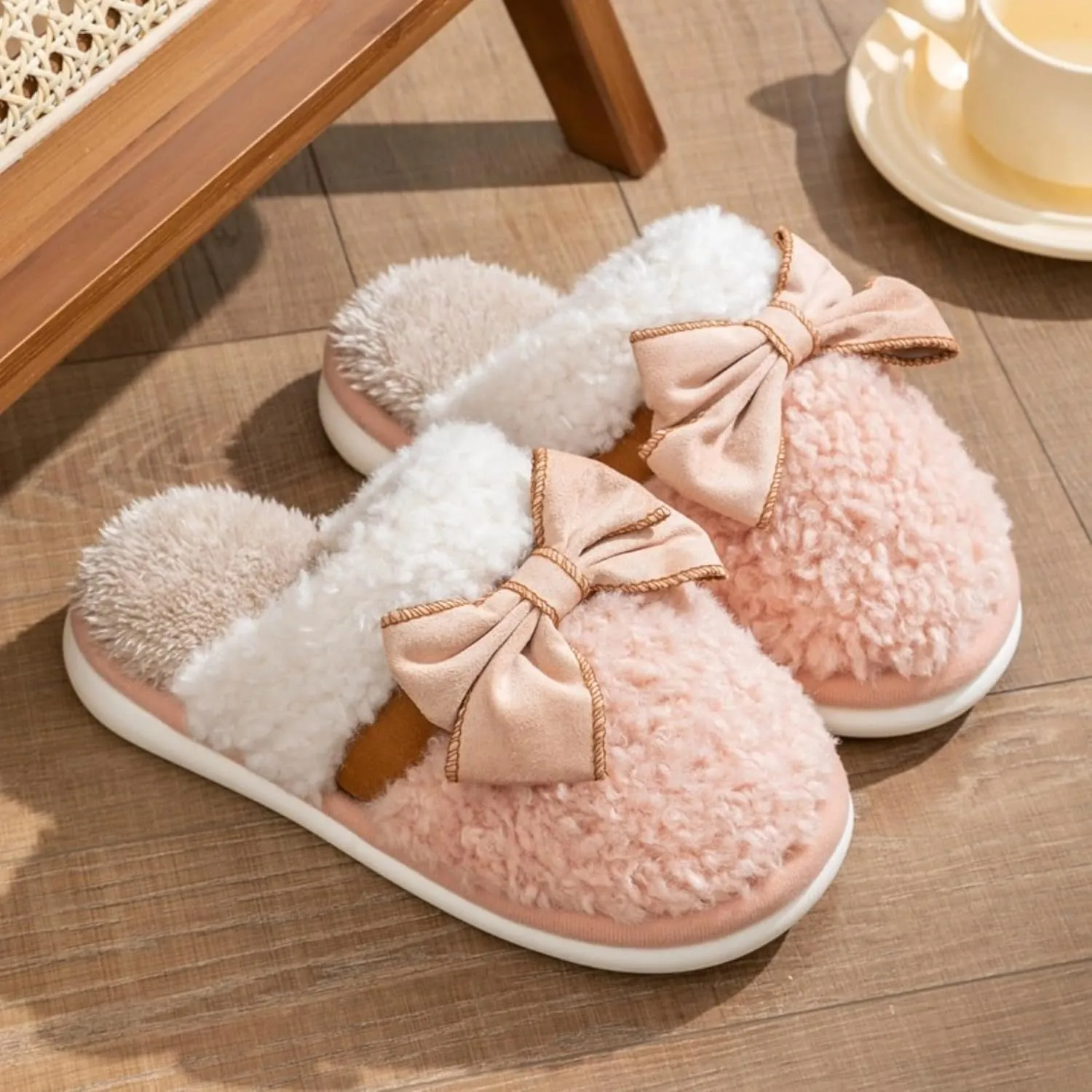Bow Slippers for Women Men Indoor Winter Warm Plush House Slippers Slides Cute Cotton Couple Slippers Bow Tie Cozy Slip On Bedroom Slippers Shoes Comfy Home Slippers with Bows