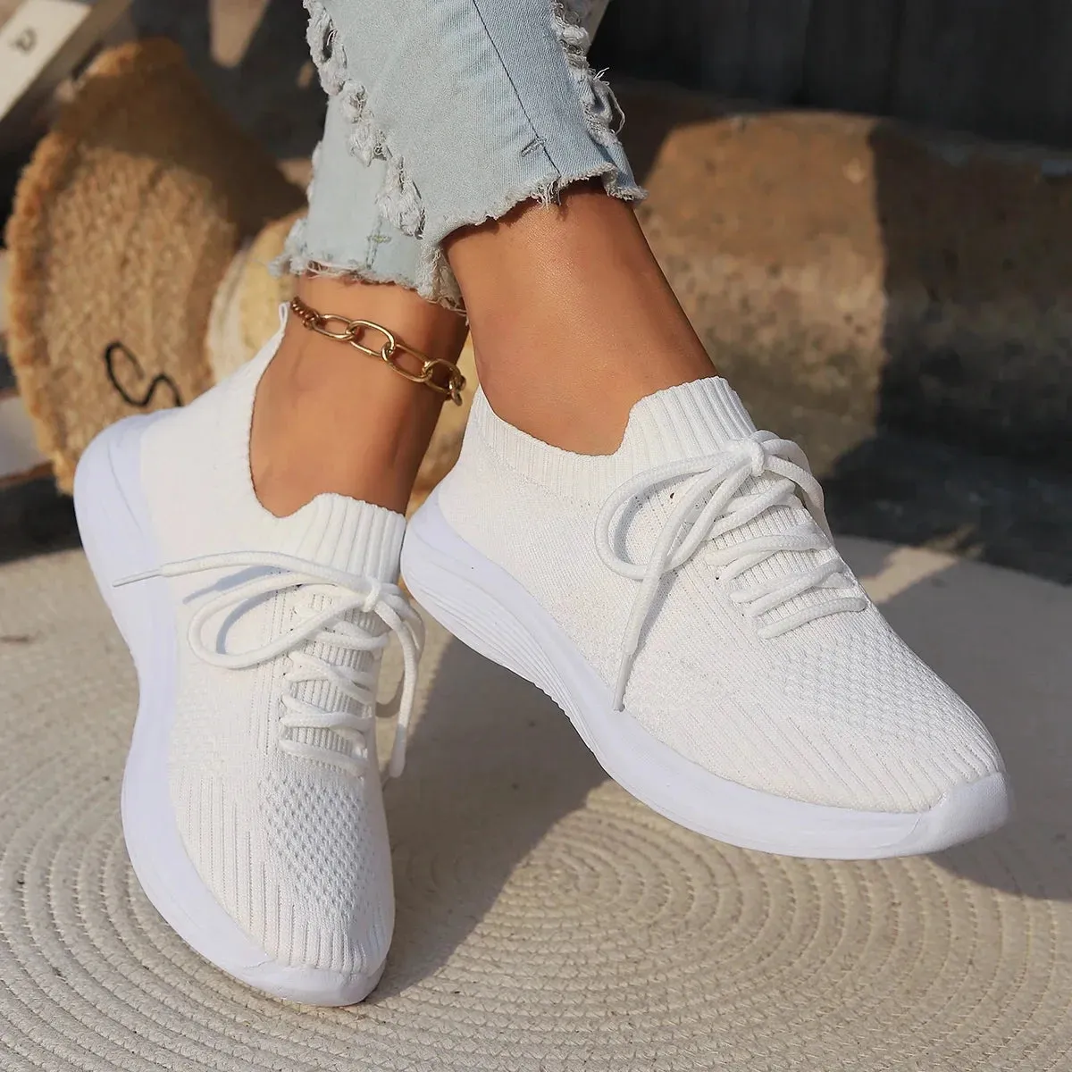 Breathable White Knit Sneakers - Lightweight Slip-On Summer Trainers