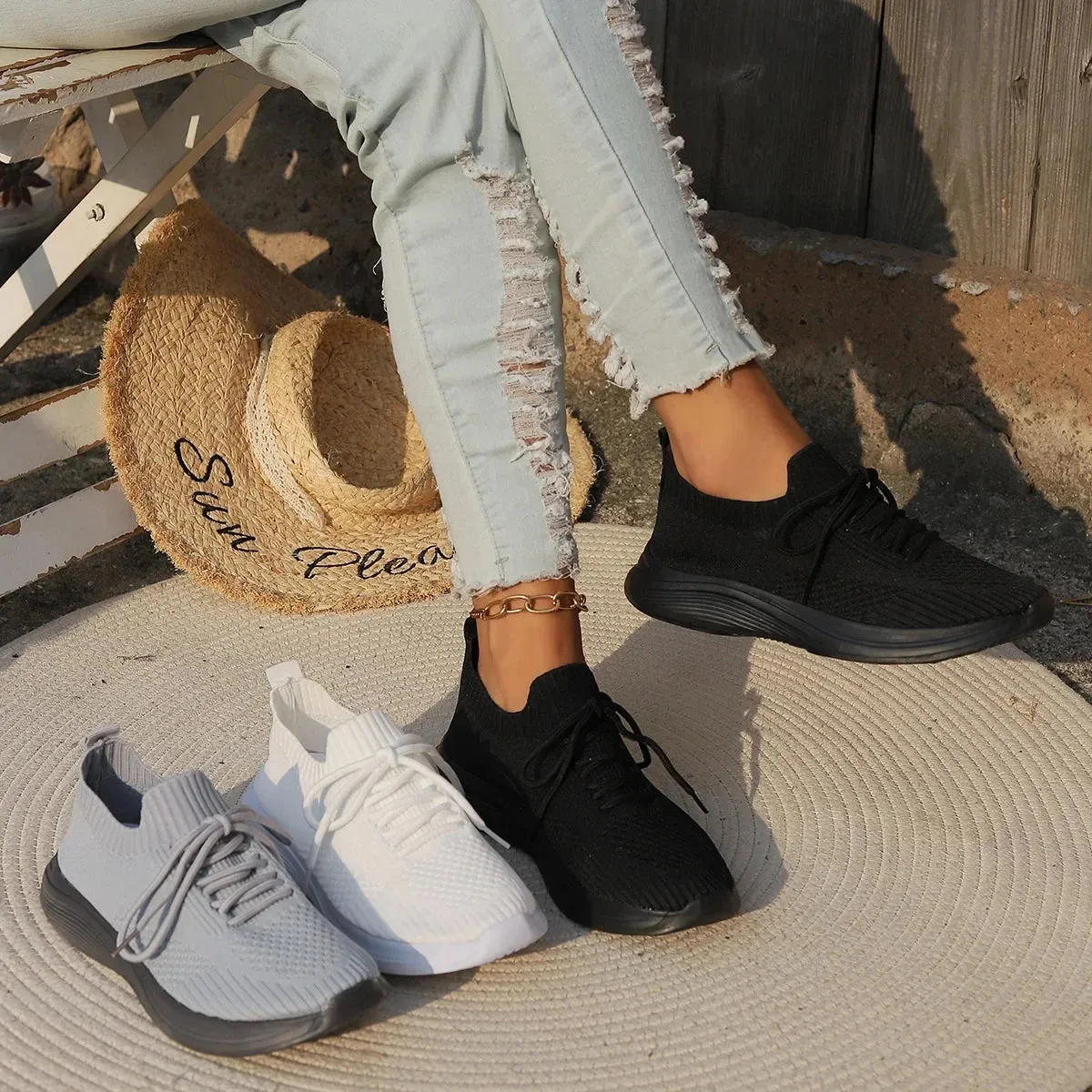 Breathable White Knit Sneakers - Lightweight Slip-On Summer Trainers