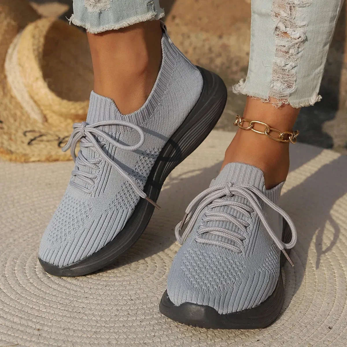 Breathable White Knit Sneakers - Lightweight Slip-On Summer Trainers