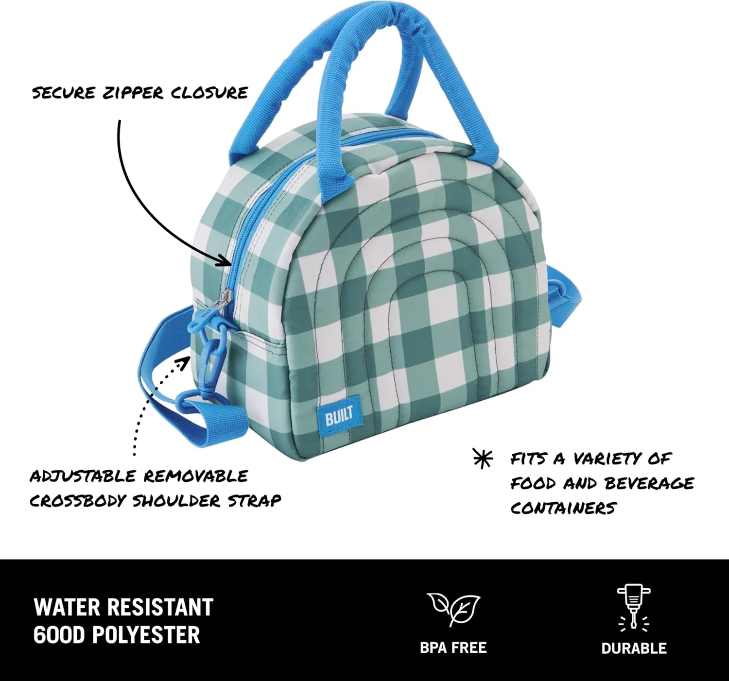 BUILT Puffer Water-resistant Polyester Satchel, Lightweight Insulated and Reusable with Detachable Adjustable Strap, Mulberry Gingham