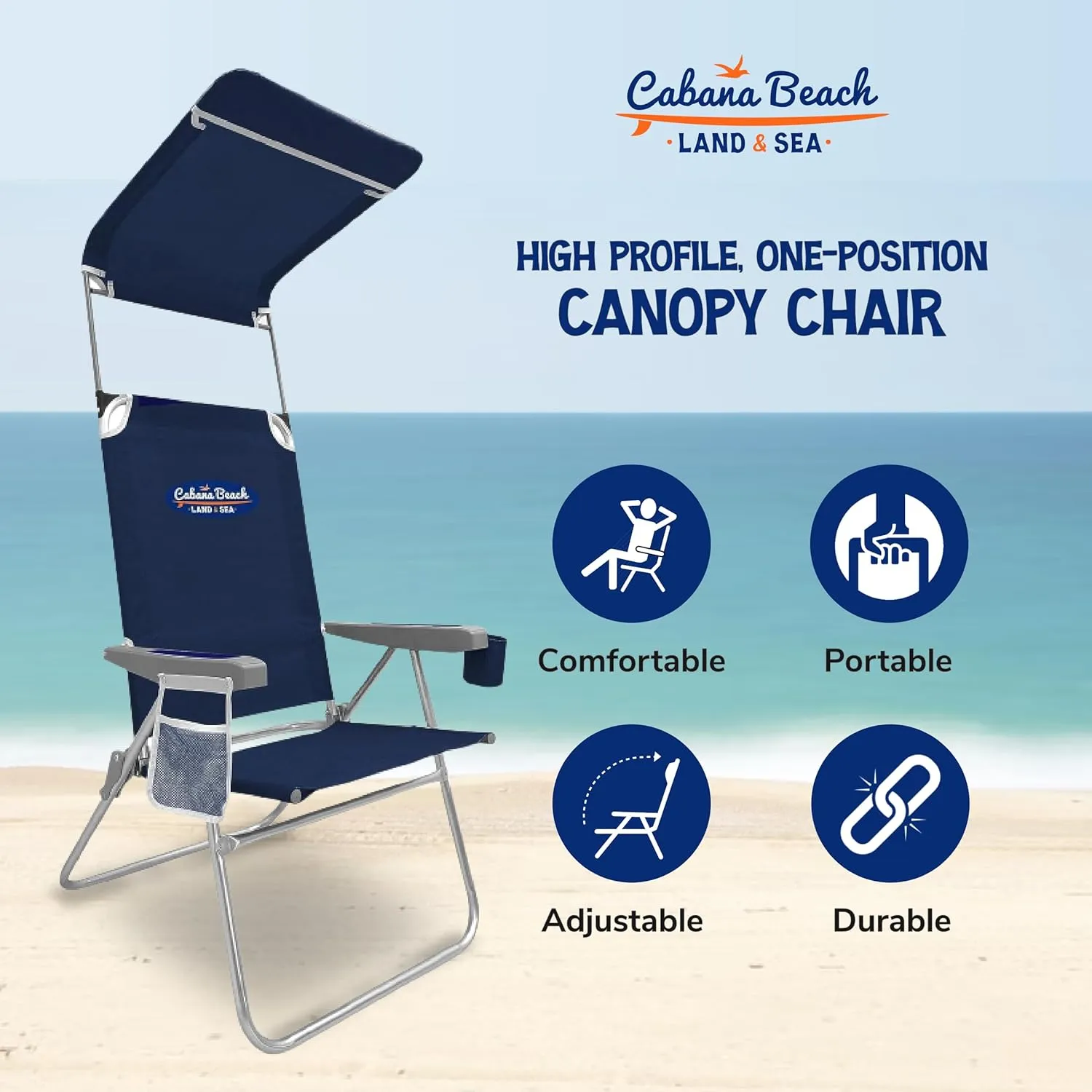 Cabana Beach Folding Beach Chair, 1 Position High Back Outdoor Camping Accessories with Canopy, Lightweight and Portable, Navy