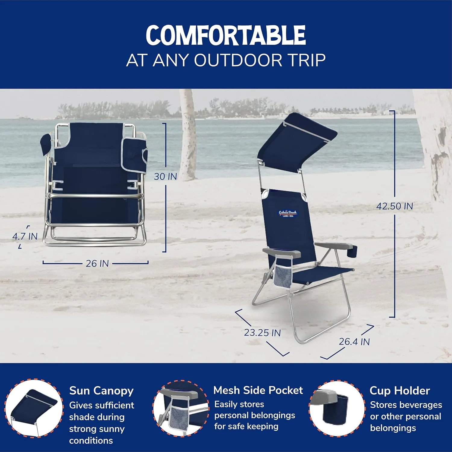 Cabana Beach Folding Beach Chair, 1 Position High Back Outdoor Camping Accessories with Canopy, Lightweight and Portable, Navy