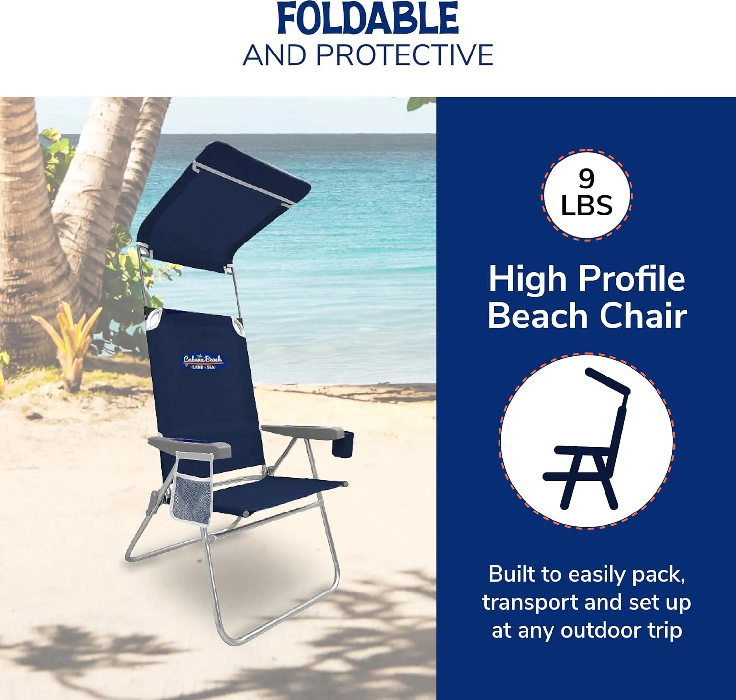 Cabana Beach Folding Beach Chair, 1 Position High Back Outdoor Camping Accessories with Canopy, Lightweight and Portable, Navy
