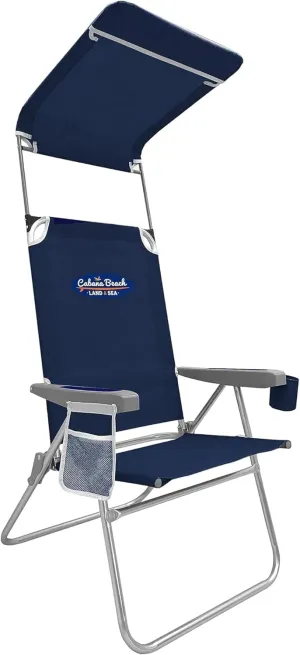 Cabana Beach Folding Beach Chair, 1 Position High Back Outdoor Camping Accessories with Canopy, Lightweight and Portable, Navy