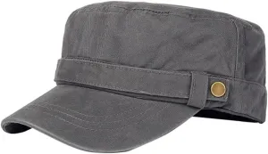 Cadet Cap Adjustable Unisex Flat Top Cap Washed Cotton Military Hat 22-23.2 Baseball Cap Gray