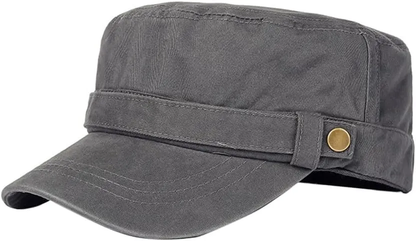 Cadet Cap Adjustable Unisex Flat Top Cap Washed Cotton Military Hat 22-23.2 Baseball Cap Gray
