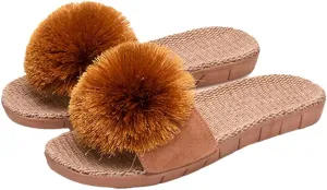 Caistre Women's House Slippers Open Toe Linen Flat Slide Sandals Fluffy Pompom Cozy Flat Slippers Sandals Non-Slip Home Shoes 2025