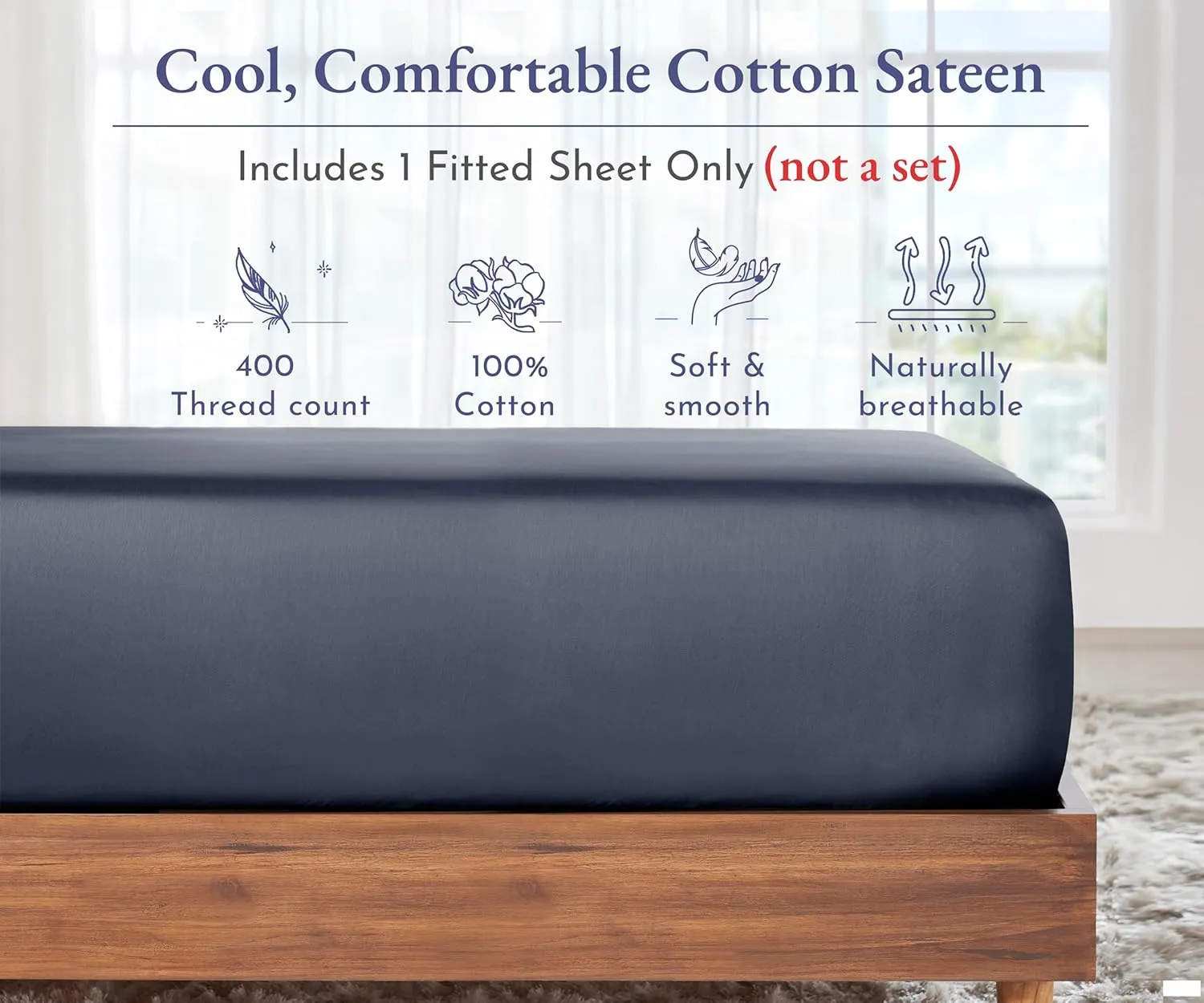 California Design Den Queen Size Fitted Sheet, Deep Pocket Soft 400 Thread Count 100% Cotton, No Pop-Off Elastic, Durable Sateen Weave Sheet Only (Queen, Indigo Dusty Blue)