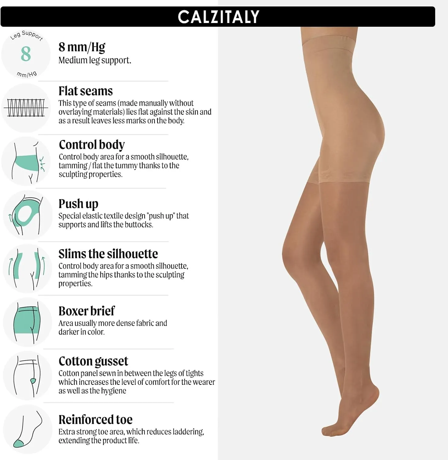 CALZITALY High Waist tights Control Top Shaping Nylons, Shaping Pantyhose, 20 Denier Sheer Shaping Tights for All Day Use