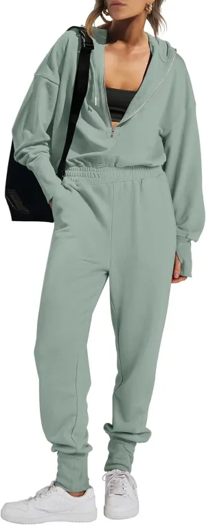 Caracilia Jumpsuits for Women Fall Casual Sweatsuits Long Sleeve Zip Sweatshirts Jogger Sweatpants One Piece Romper Outfits