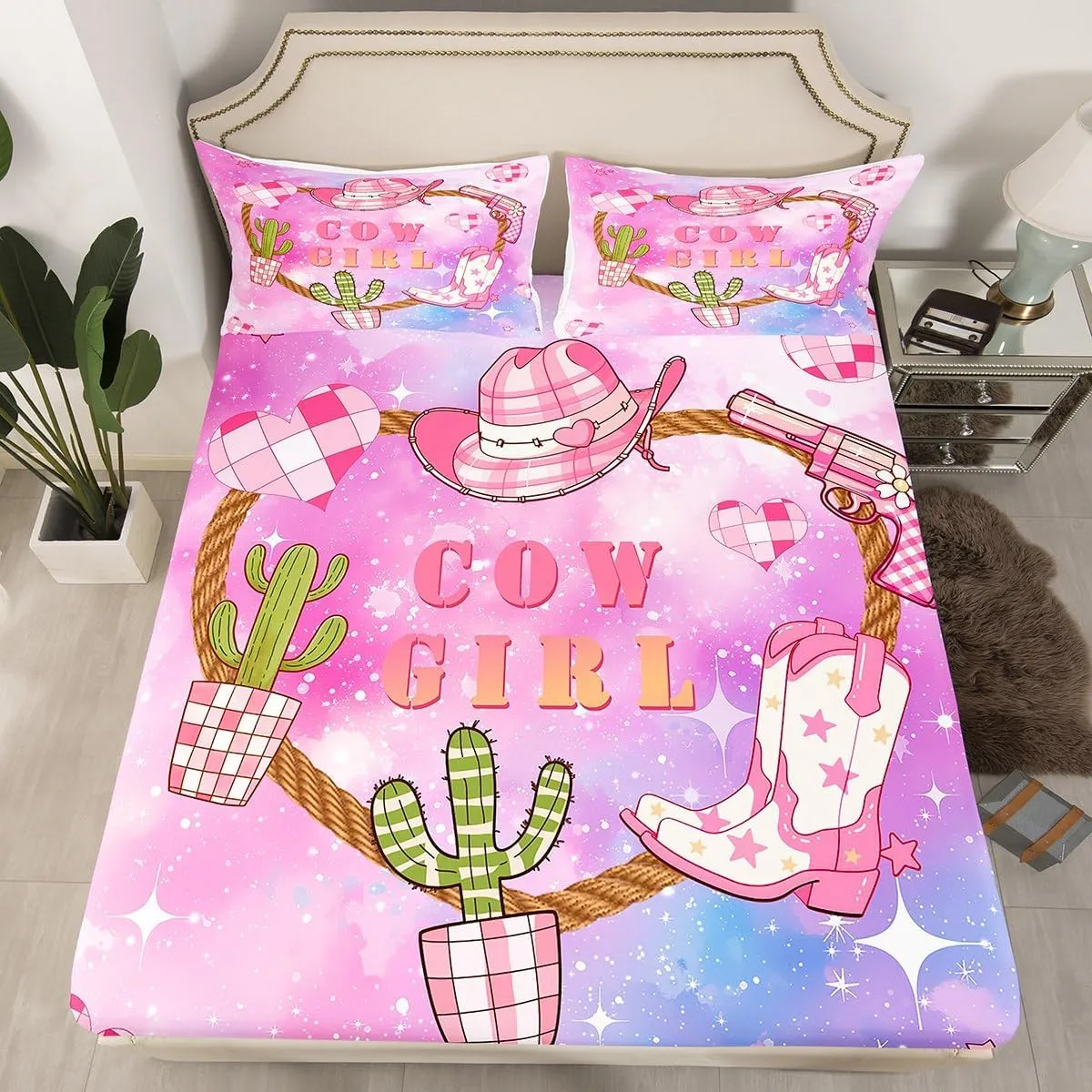 Castle Fairy Pink Cowgirl Bed Sheet Set Queen Size,Western Cowboy Hat Boots Print Bedding Set for Children Adult,Purple Blue Starry Nebula Galaxy Sheet Sets with Flat,Fitted Sheet,2 Pillowcases
