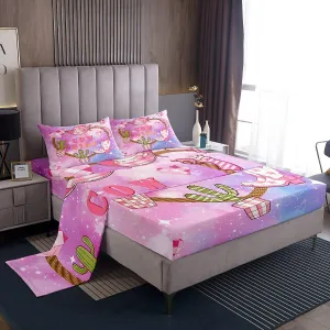 Castle Fairy Pink Cowgirl Bed Sheet Set Queen Size,Western Cowboy Hat Boots Print Bedding Set for Children Adult,Purple Blue Starry Nebula Galaxy Sheet Sets with Flat,Fitted Sheet,2 Pillowcases