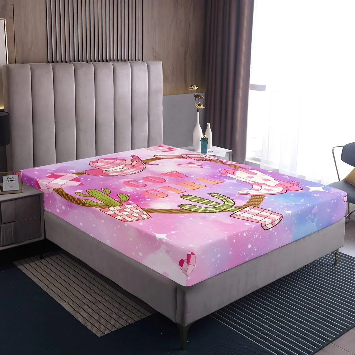 Castle Fairy Pink Cowgirl Bed Sheet Set Queen Size,Western Cowboy Hat Boots Print Bedding Set for Children Adult,Purple Blue Starry Nebula Galaxy Sheet Sets with Flat,Fitted Sheet,2 Pillowcases