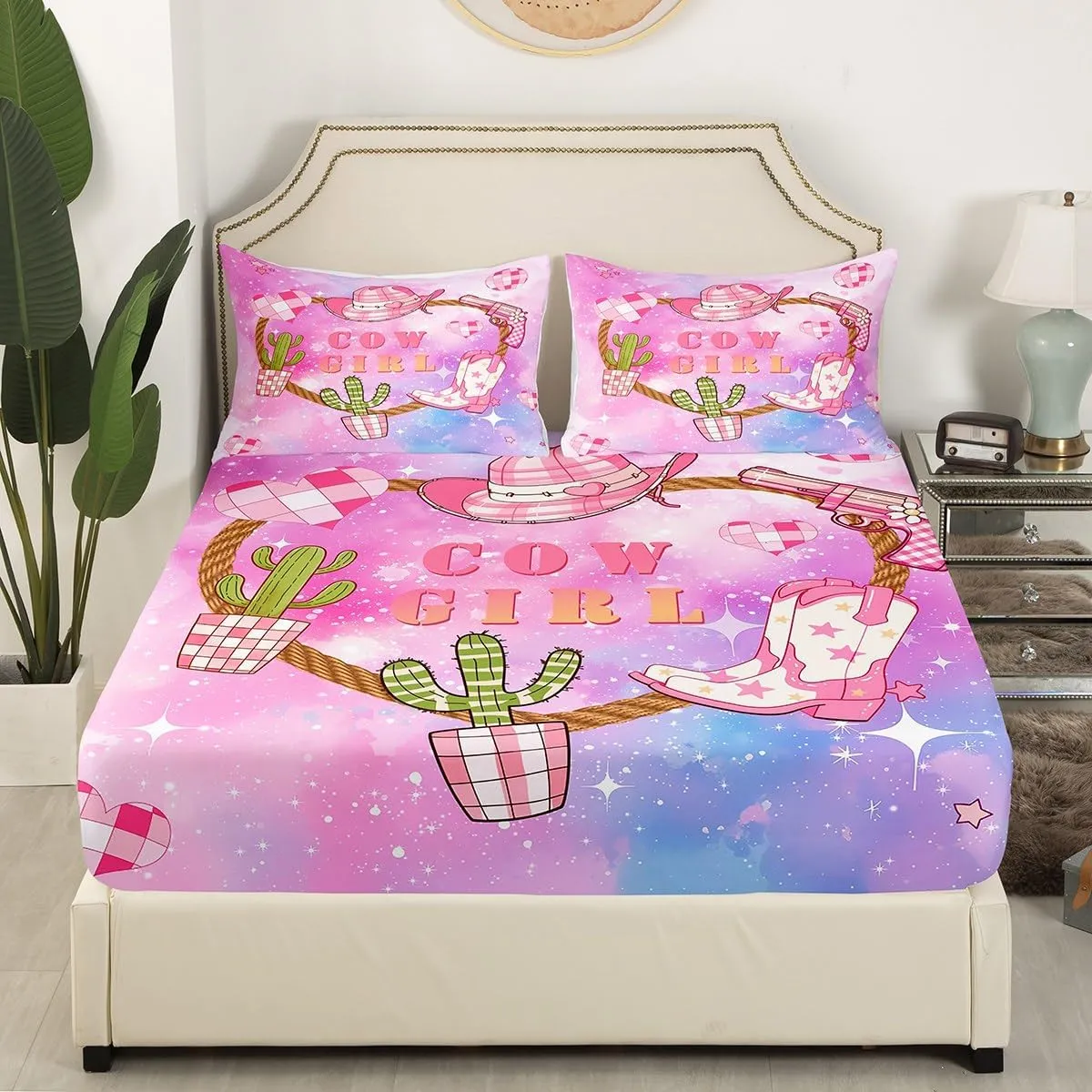 Castle Fairy Pink Cowgirl Bed Sheet Set Queen Size,Western Cowboy Hat Boots Print Bedding Set for Children Adult,Purple Blue Starry Nebula Galaxy Sheet Sets with Flat,Fitted Sheet,2 Pillowcases