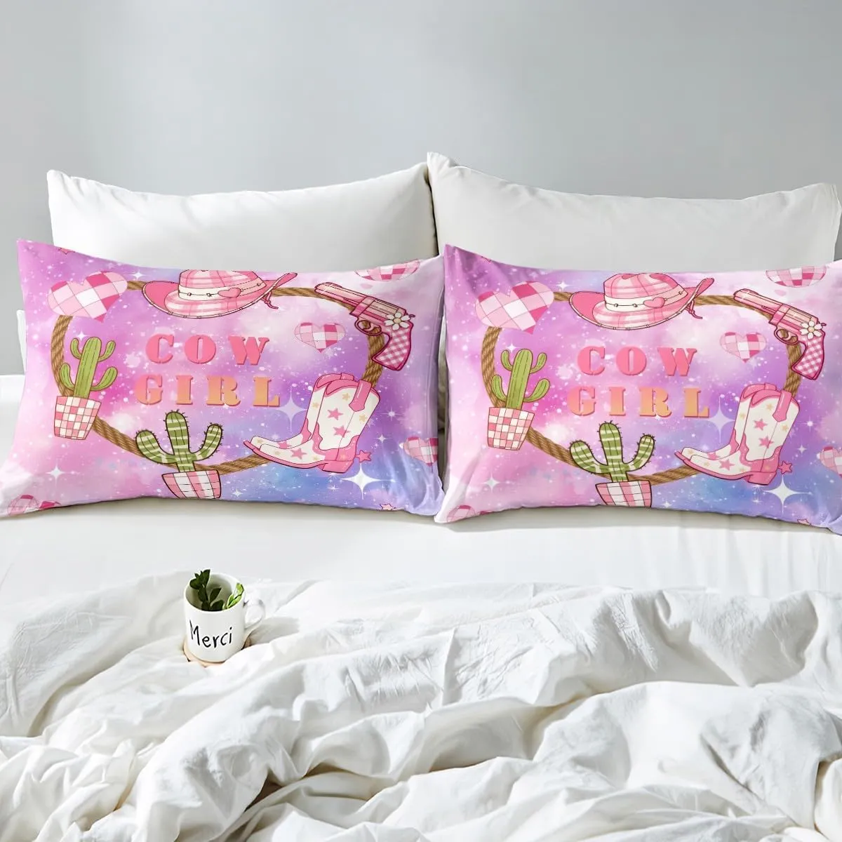 Castle Fairy Pink Cowgirl Bed Sheet Set Queen Size,Western Cowboy Hat Boots Print Bedding Set for Children Adult,Purple Blue Starry Nebula Galaxy Sheet Sets with Flat,Fitted Sheet,2 Pillowcases
