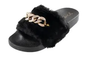 Chainy Black Furry Slides