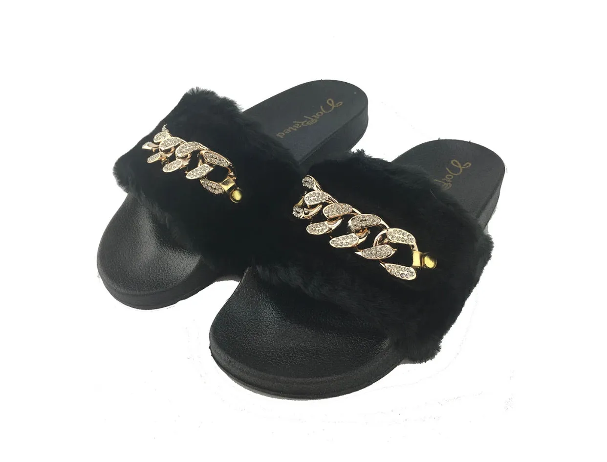 Chainy Black Furry Slides