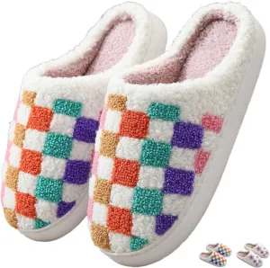 Checkerboard Winter Indoor Warm Slippers for Women & Men - Comfy Plush Fuzzy Slides - Couple Slippers - Flower Checkered Pattern - Shoes
