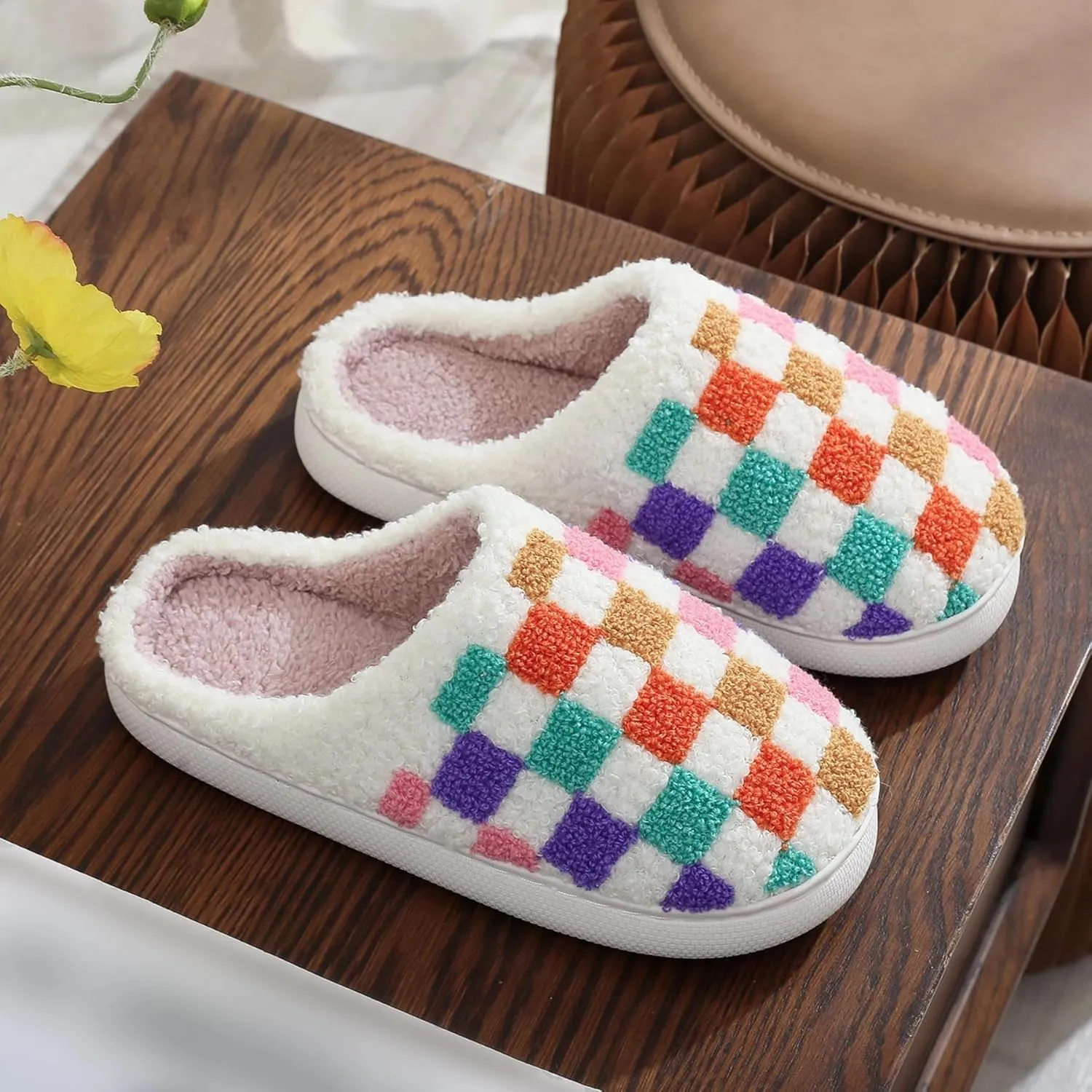 Checkerboard Winter Indoor Warm Slippers for Women & Men - Comfy Plush Fuzzy Slides - Couple Slippers - Flower Checkered Pattern - Shoes