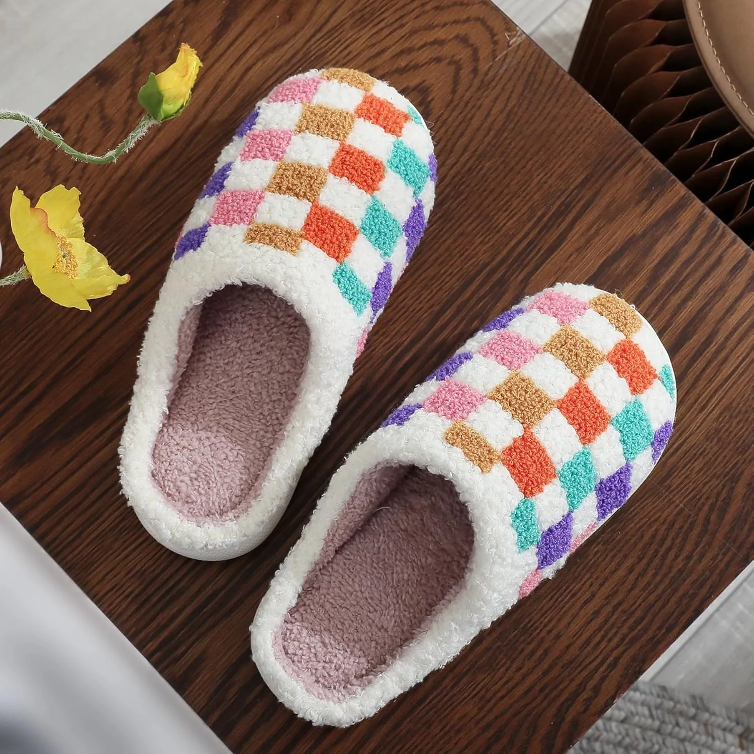 Checkerboard Winter Indoor Warm Slippers for Women & Men - Comfy Plush Fuzzy Slides - Couple Slippers - Flower Checkered Pattern - Shoes