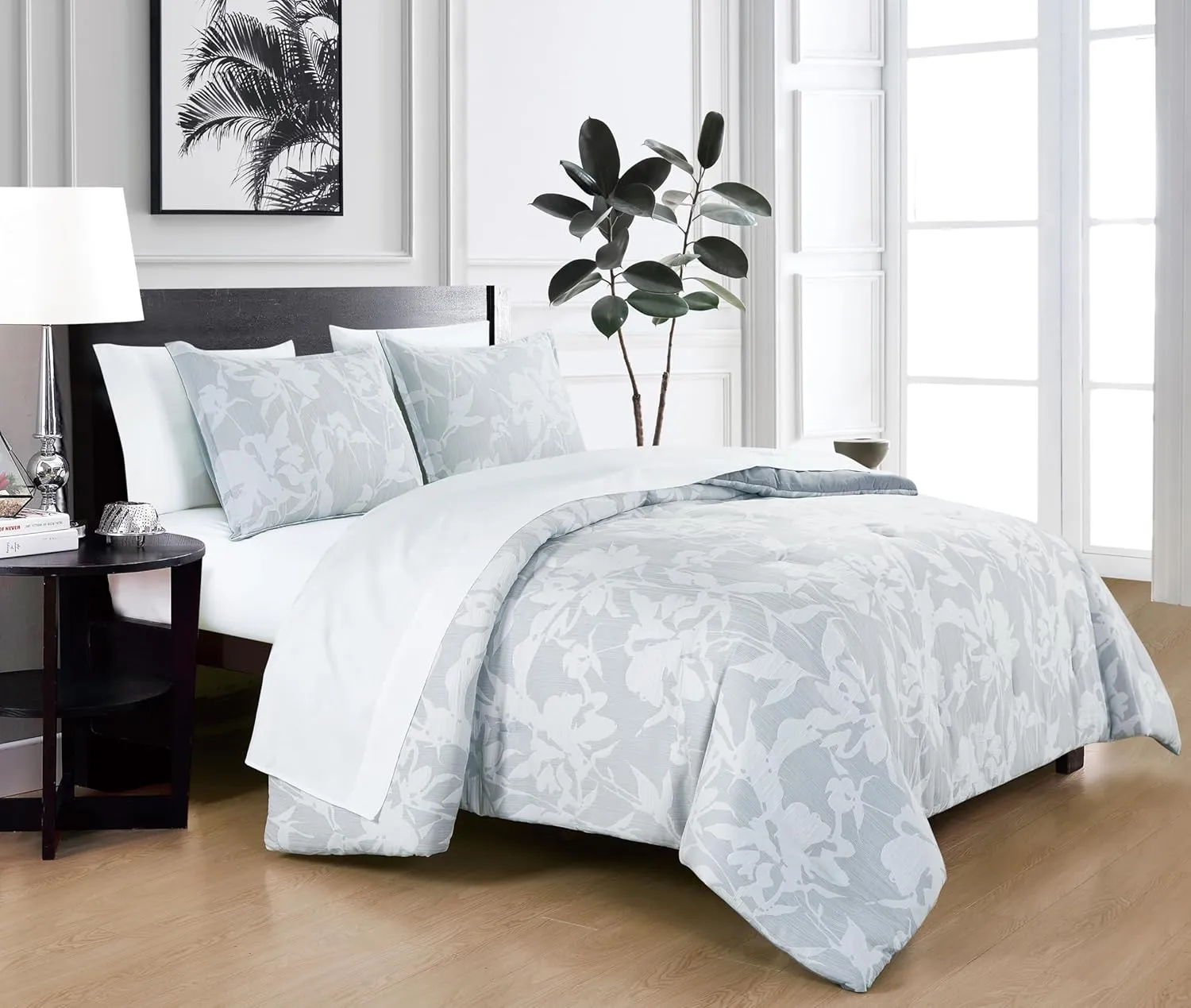 Chezmoi Collection Freesia 7-Piece Floral Bed in a Bag King, Gray/White, Jacquard Textured Lightweight Bedding for All Season (1 Comforter, 2 Shams, 2 Pillowcases, 1 Flat Sheet, 1 Fitted Sheet)