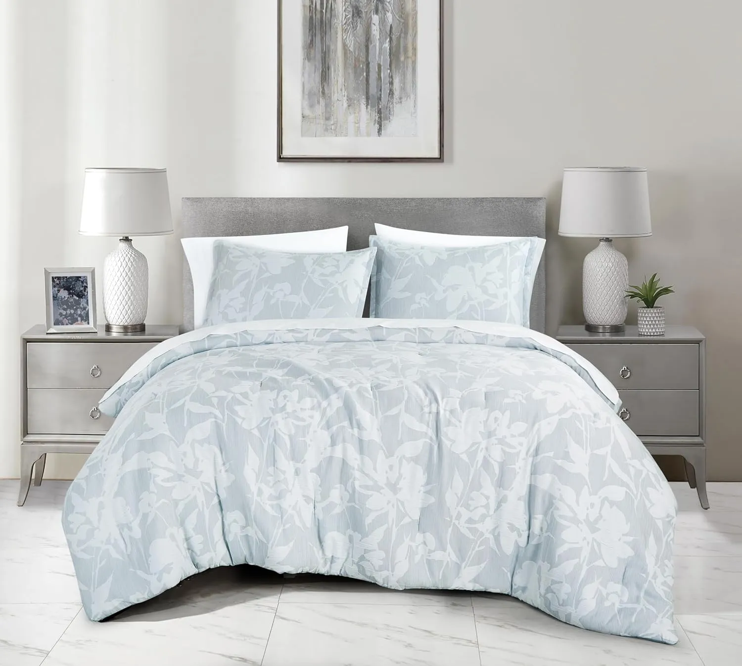 Chezmoi Collection Freesia 7-Piece Floral Bed in a Bag King, Gray/White, Jacquard Textured Lightweight Bedding for All Season (1 Comforter, 2 Shams, 2 Pillowcases, 1 Flat Sheet, 1 Fitted Sheet)