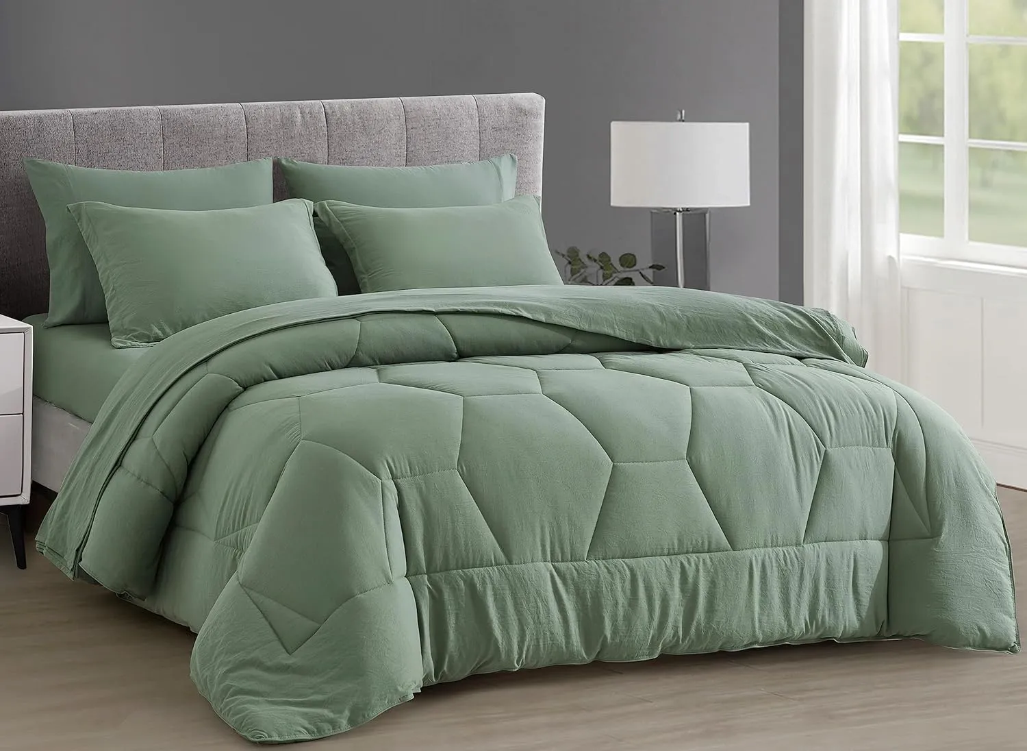 Chezmoi Collection Piper King Bed in a Bag 7-Pieces Honeycomb Geometric Hexagon Quilted Stone Washed Microfiber Comforter with Sheets Lightweight All Season Bedding Set (King, Sage Green)