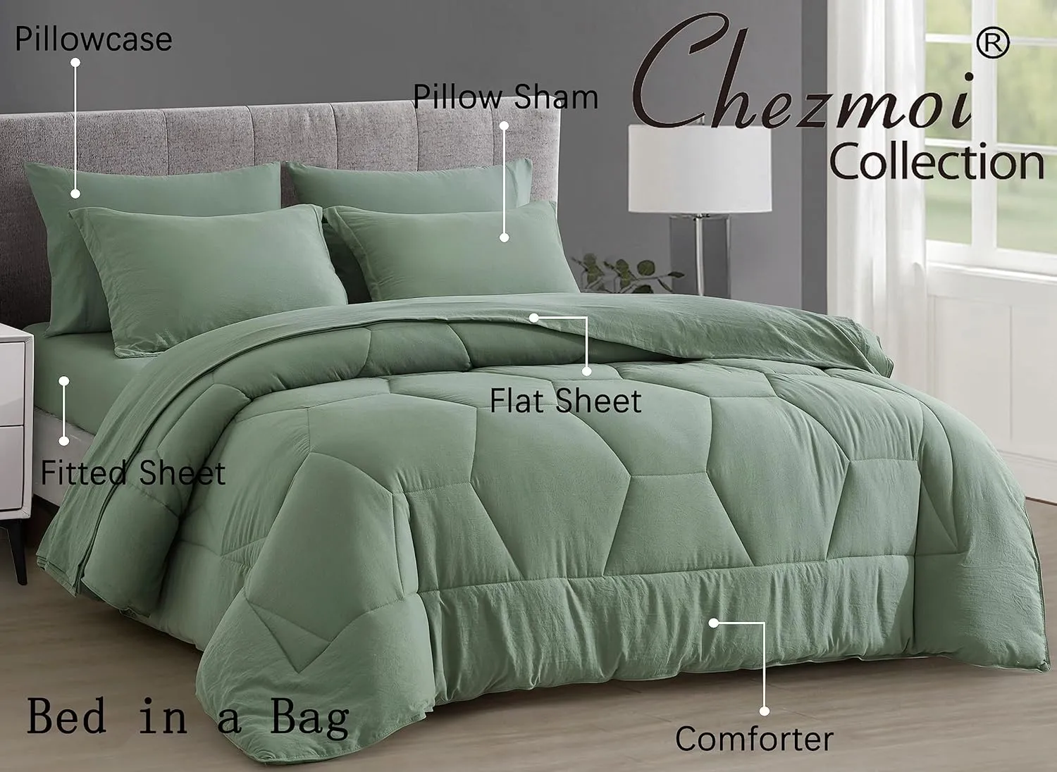 Chezmoi Collection Piper King Bed in a Bag 7-Pieces Honeycomb Geometric Hexagon Quilted Stone Washed Microfiber Comforter with Sheets Lightweight All Season Bedding Set (King, Sage Green)