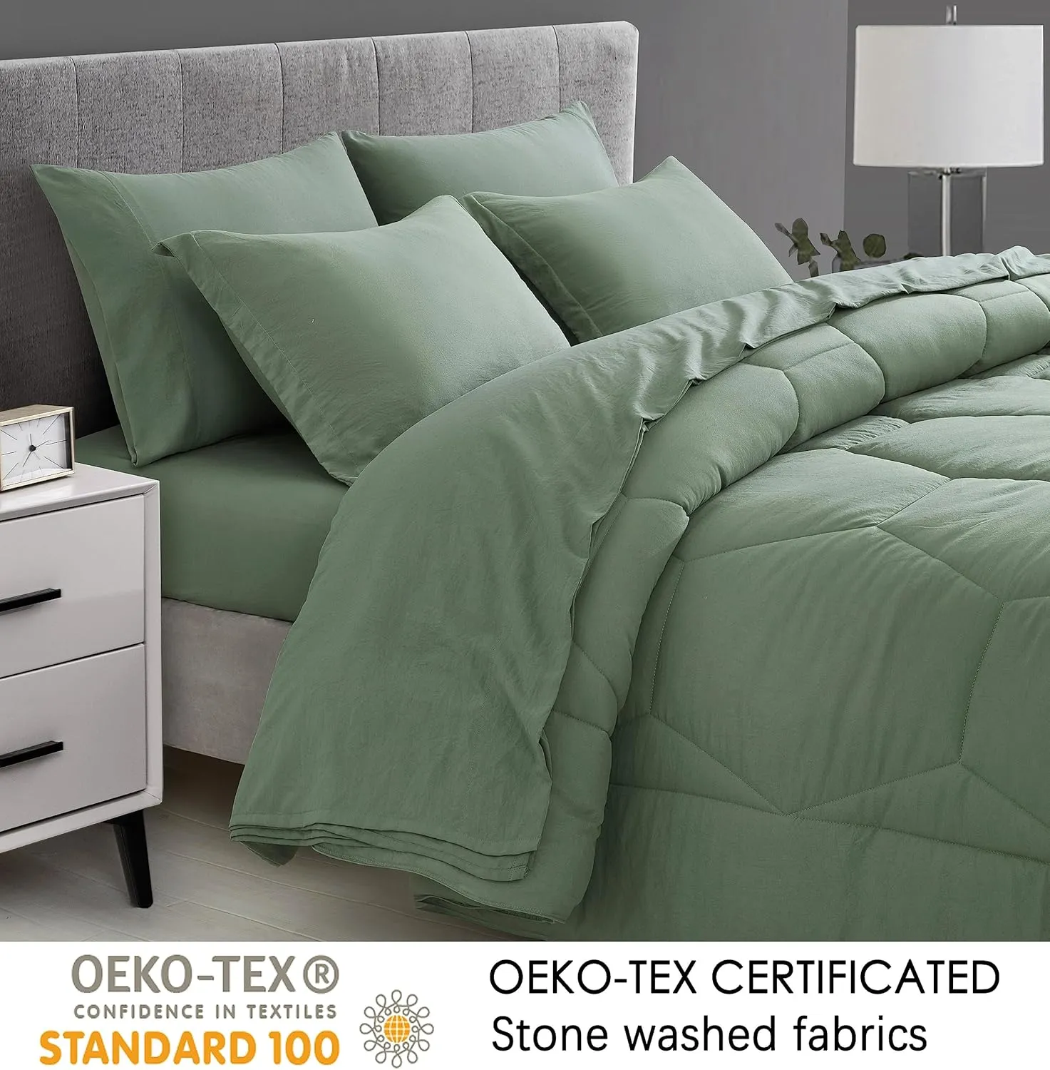 Chezmoi Collection Piper King Bed in a Bag 7-Pieces Honeycomb Geometric Hexagon Quilted Stone Washed Microfiber Comforter with Sheets Lightweight All Season Bedding Set (King, Sage Green)