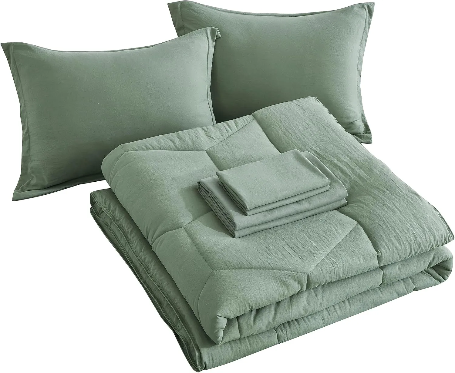 Chezmoi Collection Piper King Bed in a Bag 7-Pieces Honeycomb Geometric Hexagon Quilted Stone Washed Microfiber Comforter with Sheets Lightweight All Season Bedding Set (King, Sage Green)