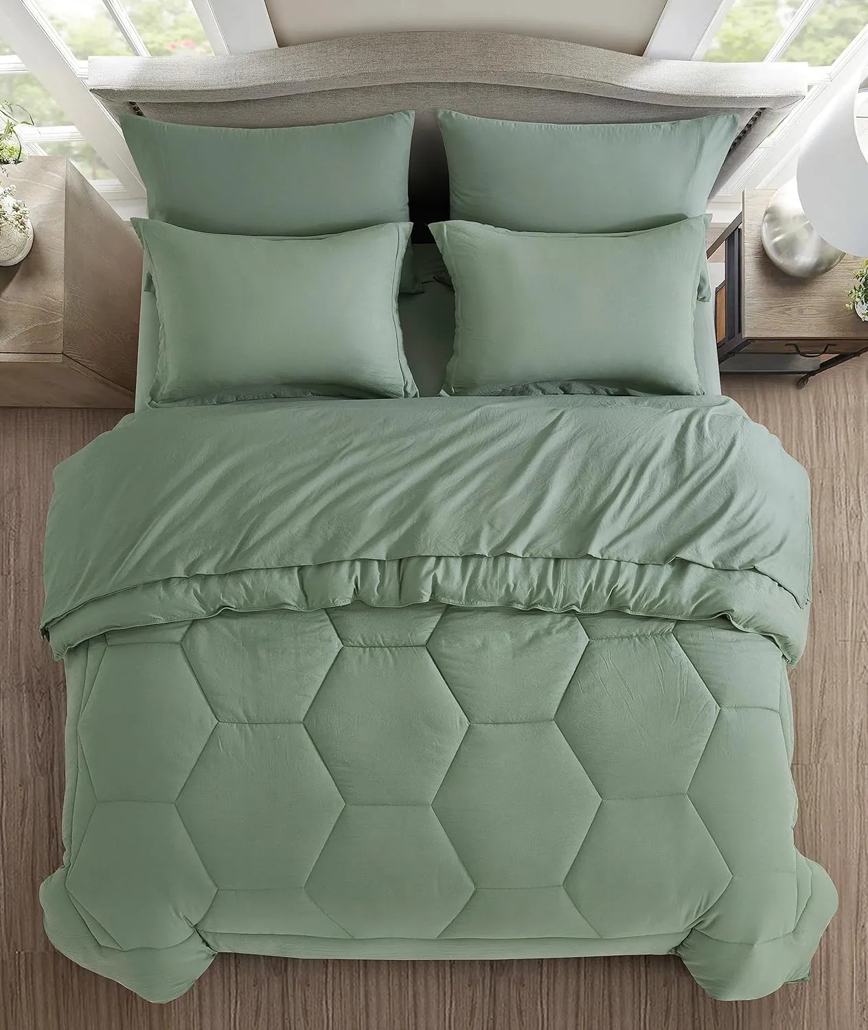 Chezmoi Collection Piper King Bed in a Bag 7-Pieces Honeycomb Geometric Hexagon Quilted Stone Washed Microfiber Comforter with Sheets Lightweight All Season Bedding Set (King, Sage Green)