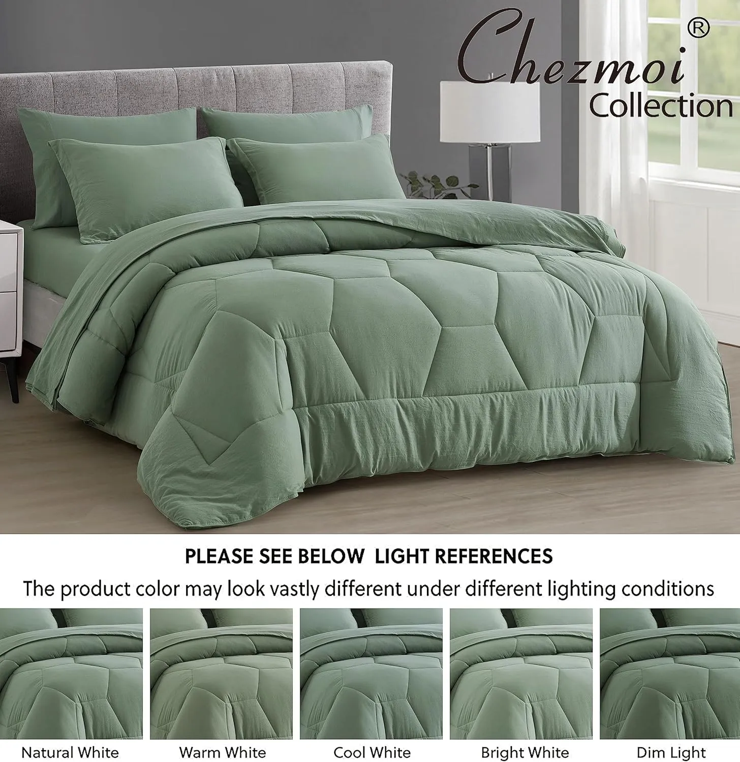 Chezmoi Collection Piper King Bed in a Bag 7-Pieces Honeycomb Geometric Hexagon Quilted Stone Washed Microfiber Comforter with Sheets Lightweight All Season Bedding Set (King, Sage Green)