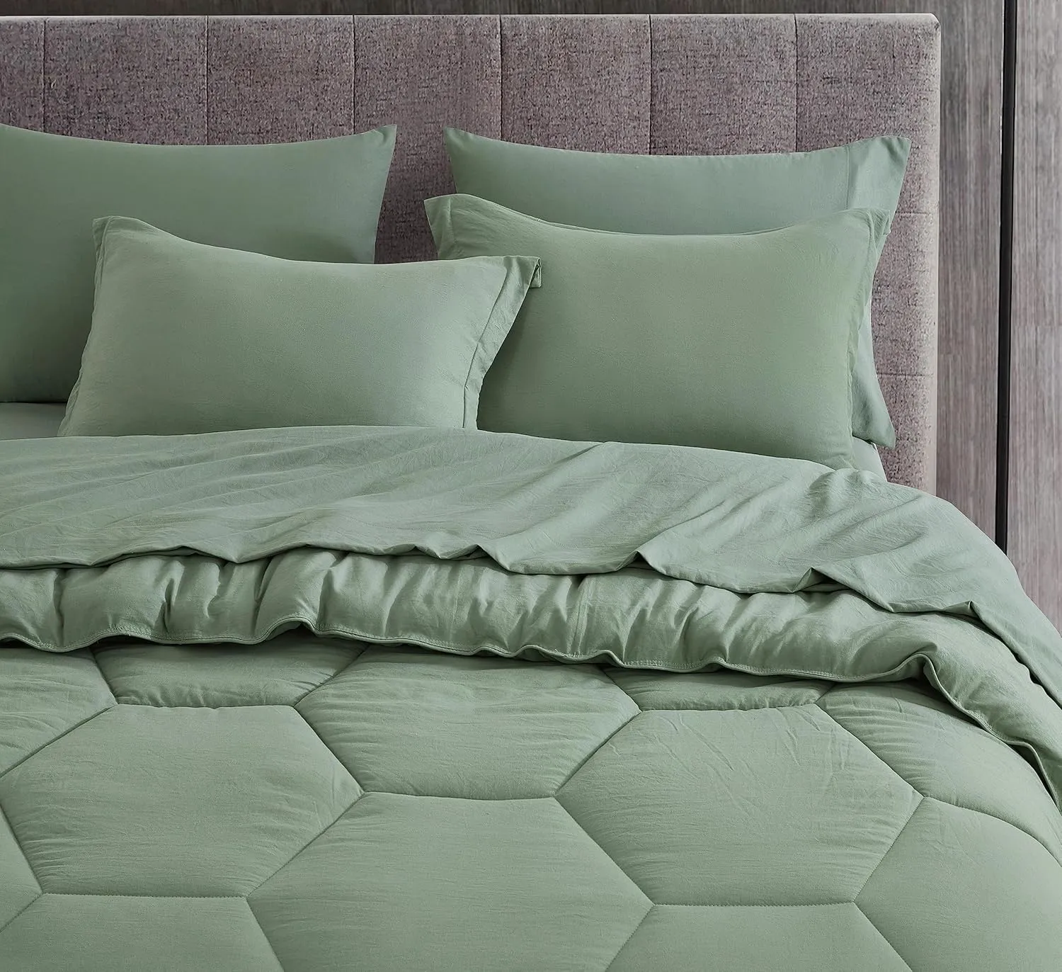 Chezmoi Collection Piper King Bed in a Bag 7-Pieces Honeycomb Geometric Hexagon Quilted Stone Washed Microfiber Comforter with Sheets Lightweight All Season Bedding Set (King, Sage Green)