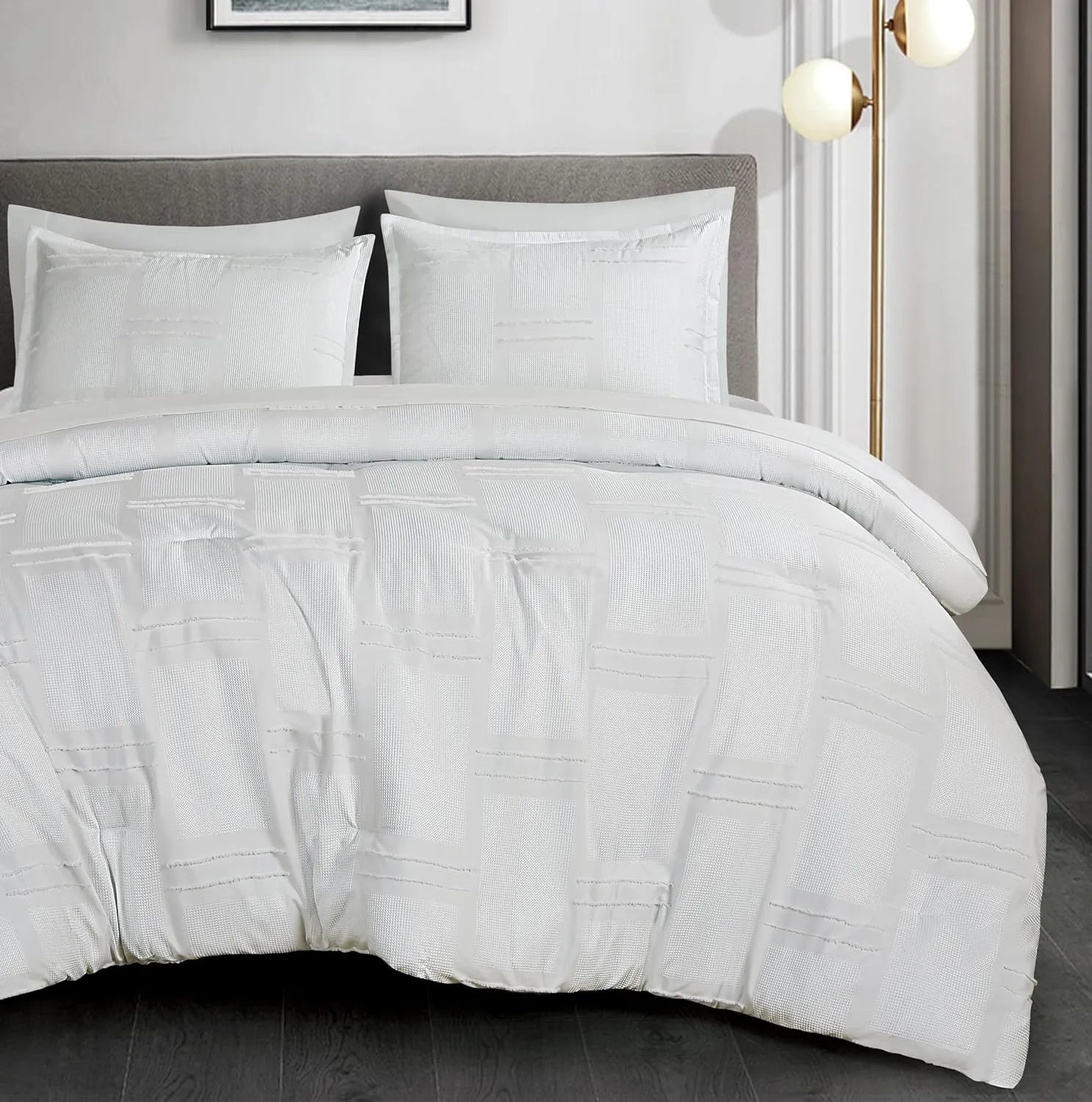 Chezmoi Collection Reina White Clip Jacquard Geometric 7-Piece Bed in a Bag Comforter Set, Queen - Striped Pattern Waffle Textured Bedding with Sheets Set