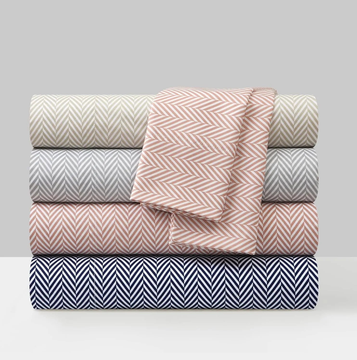 Chic Home Denise 4 Piece Sheet Set Super Soft Graphic Herringbone Print Design – Includes 1 Flat, 1 Fitted Sheet, and 2 Pillowcases, Queen, Beige