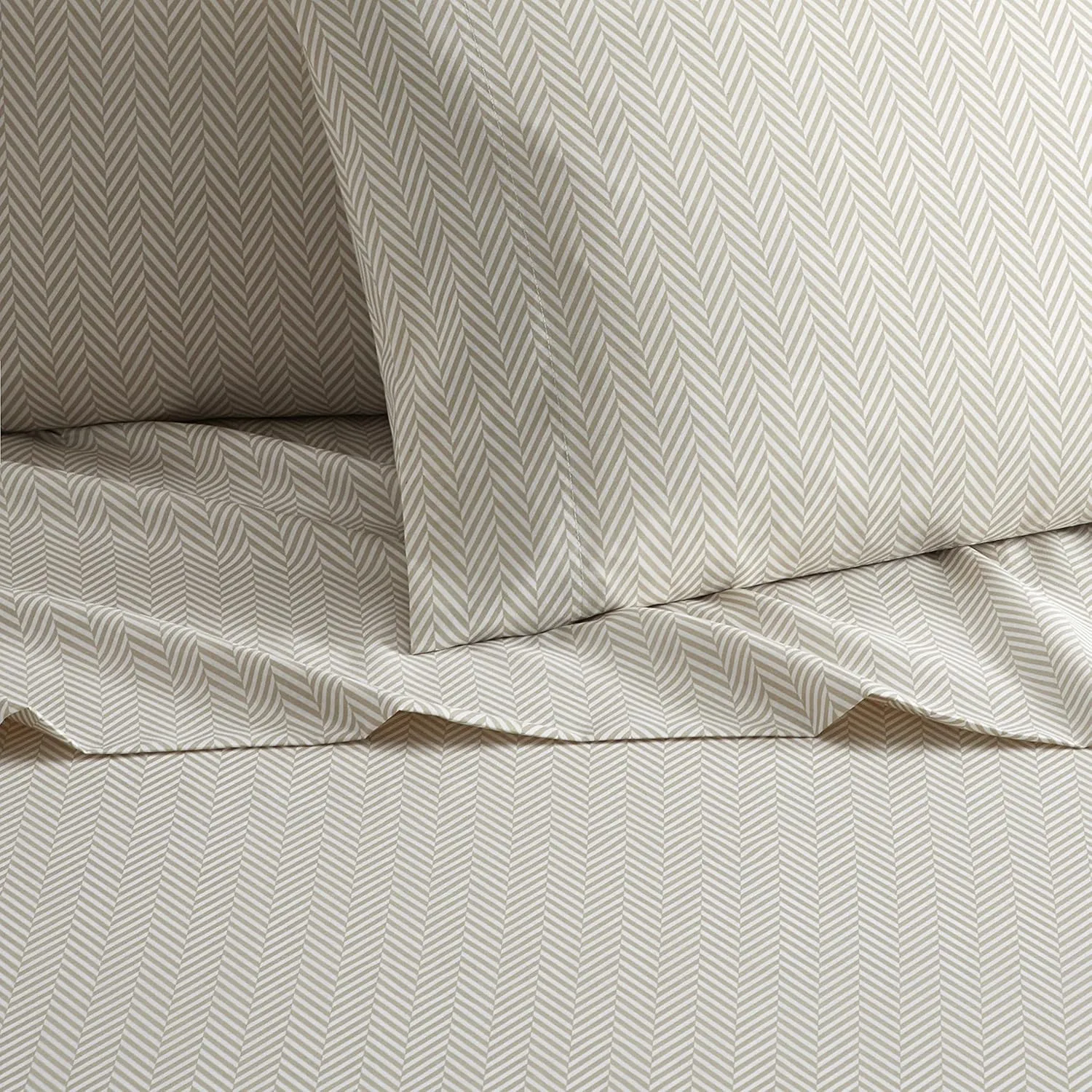 Chic Home Denise 4 Piece Sheet Set Super Soft Graphic Herringbone Print Design – Includes 1 Flat, 1 Fitted Sheet, and 2 Pillowcases, Queen, Beige