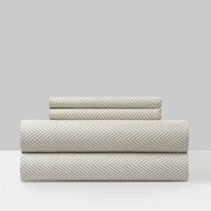 Chic Home Denise 4 Piece Sheet Set Super Soft Graphic Herringbone Print Design – Includes 1 Flat, 1 Fitted Sheet, and 2 Pillowcases, Queen, Beige