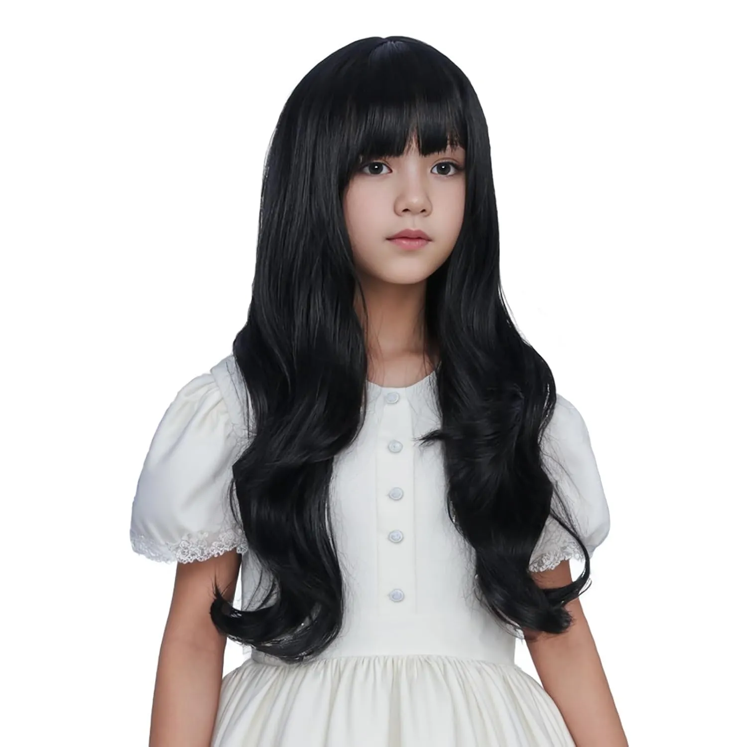 Children Black Wig Long Natural Black Wig with Flat Bangs for Girls Wavy Curly Wigs for Kids Heat Resistant Synthetic Wigs with Cap