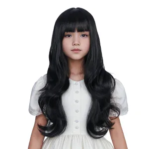 Children Black Wig Long Natural Black Wig with Flat Bangs for Girls Wavy Curly Wigs for Kids Heat Resistant Synthetic Wigs with Cap