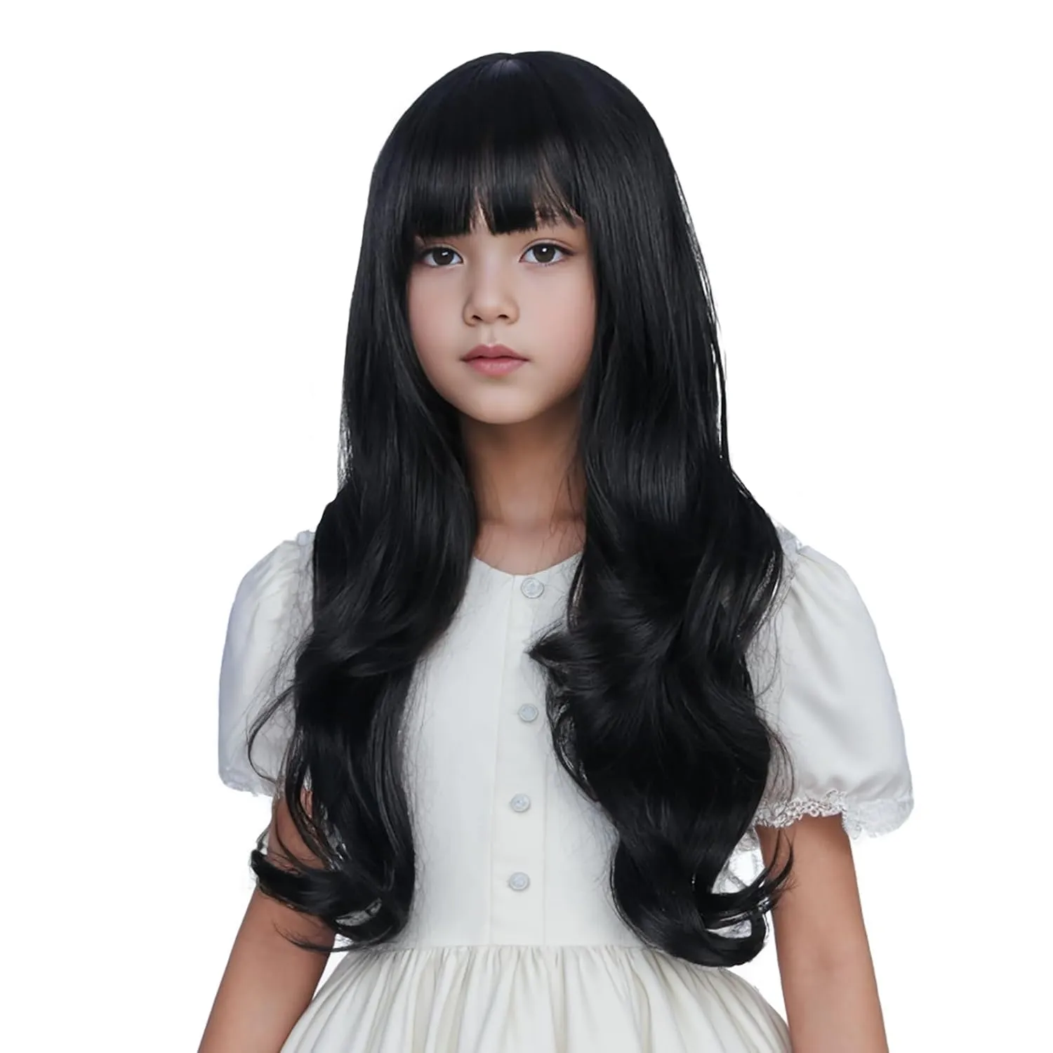 Children Black Wig Long Natural Black Wig with Flat Bangs for Girls Wavy Curly Wigs for Kids Heat Resistant Synthetic Wigs with Cap