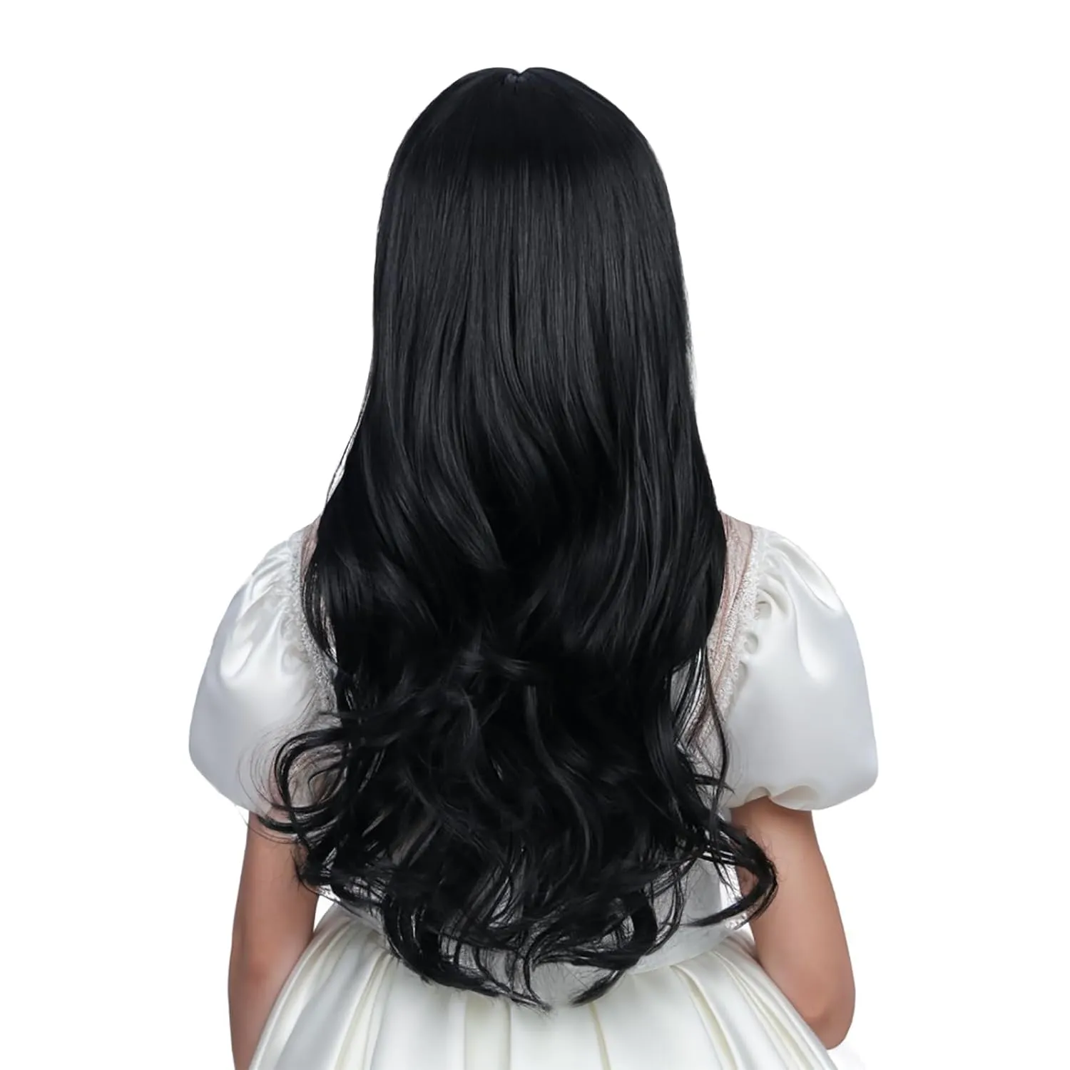 Children Black Wig Long Natural Black Wig with Flat Bangs for Girls Wavy Curly Wigs for Kids Heat Resistant Synthetic Wigs with Cap