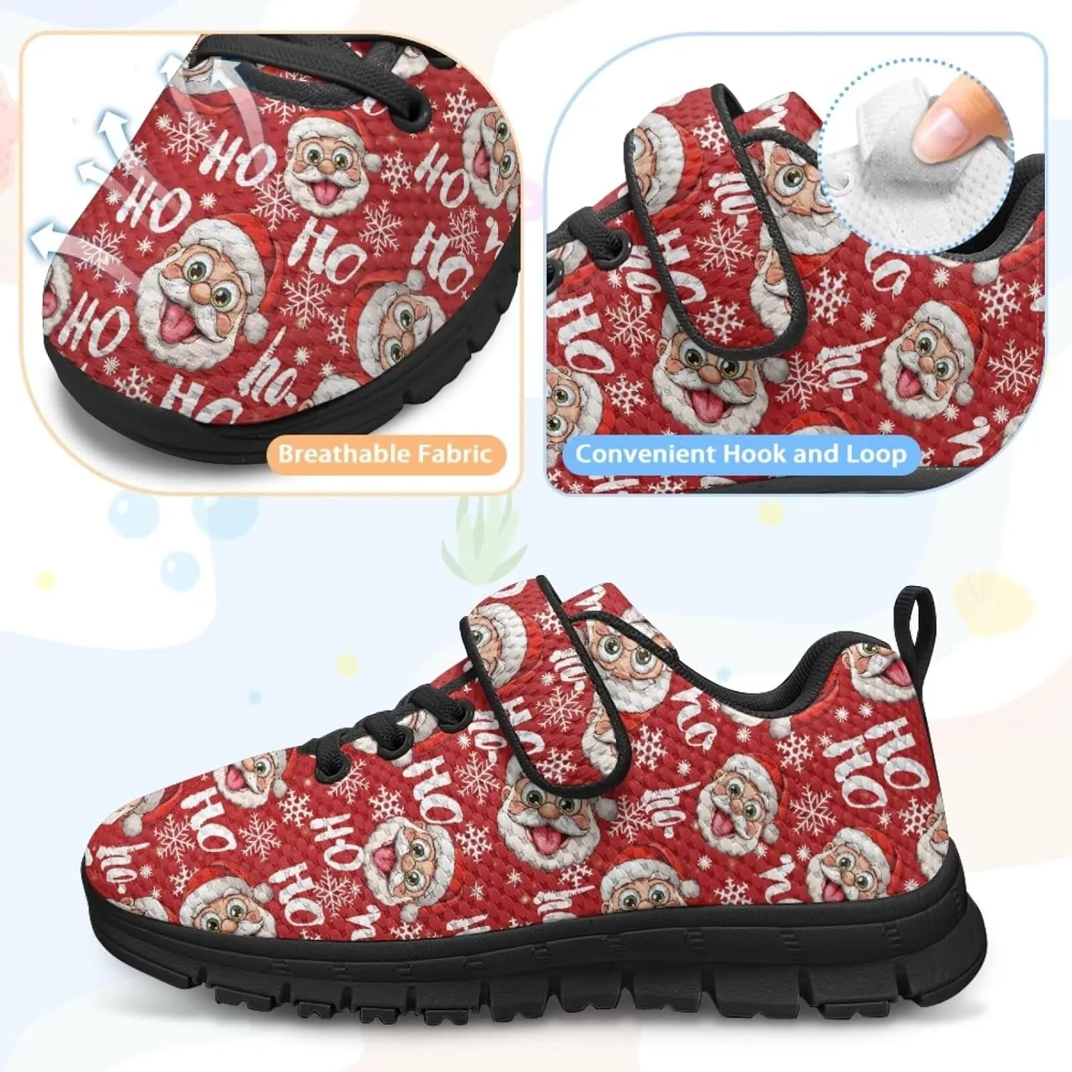 Christmas Sneakers for Girls Slip on Walking Shoes Breathable Lightweight Athletic Shoes with Hook and Loops