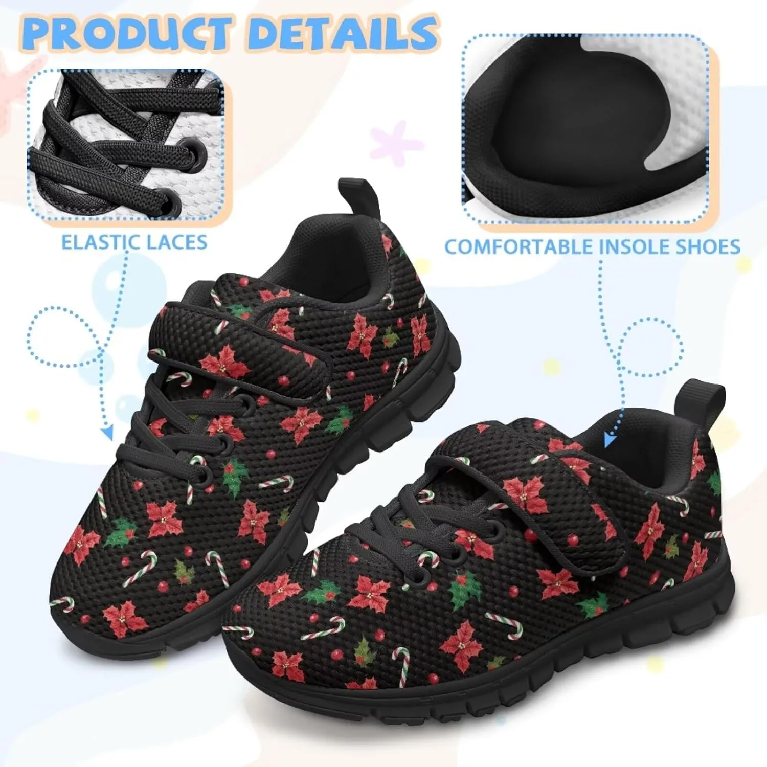 Christmas Sneakers for Girls Slip on Walking Shoes Breathable Lightweight Athletic Shoes with Hook and Loops