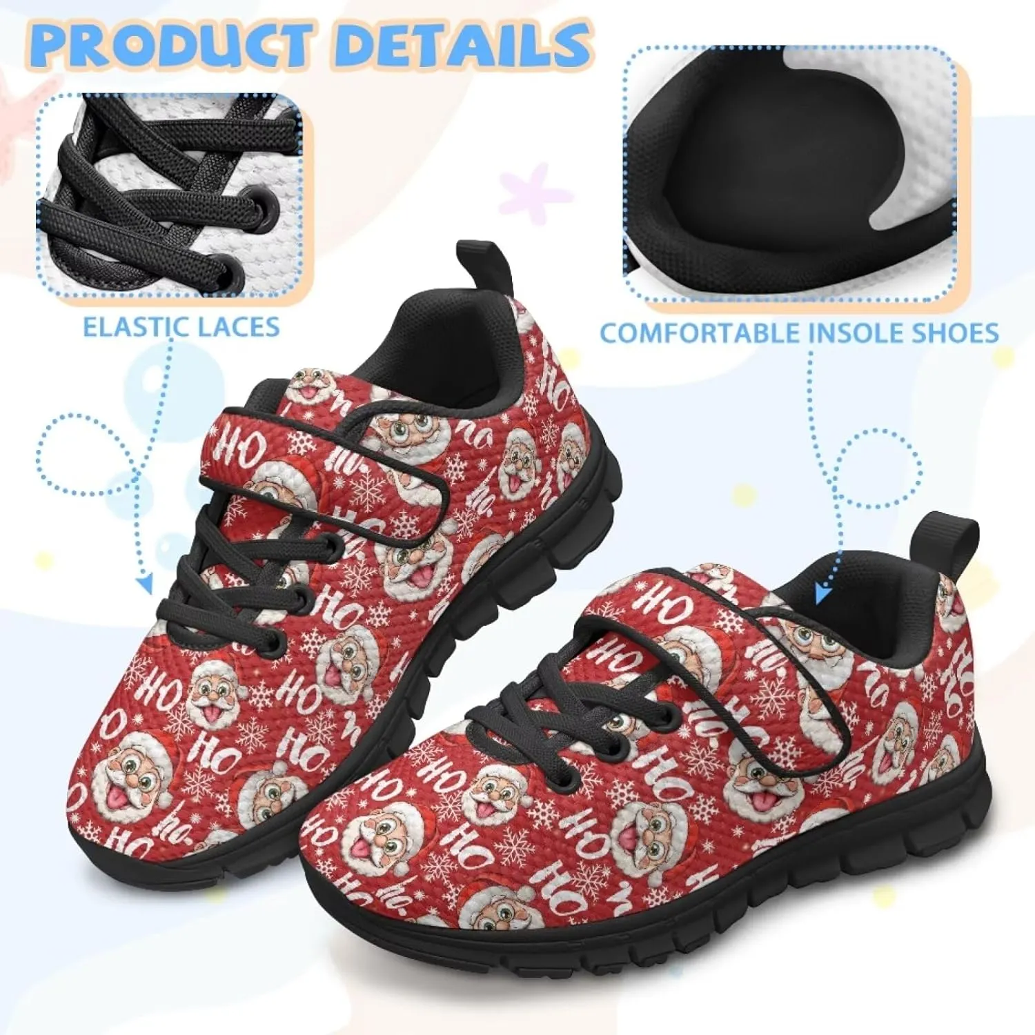 Christmas Sneakers for Girls Slip on Walking Shoes Breathable Lightweight Athletic Shoes with Hook and Loops