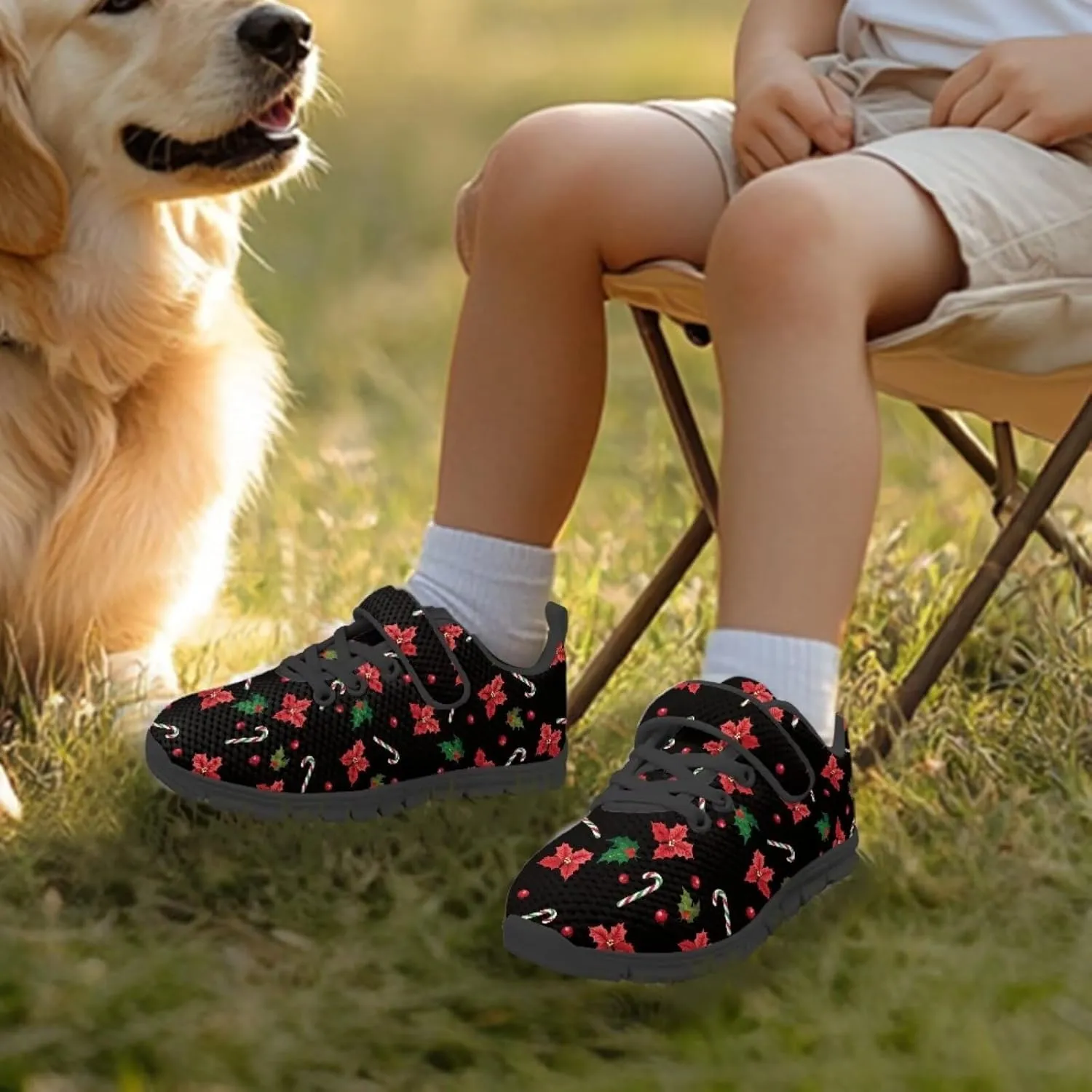 Christmas Sneakers for Girls Slip on Walking Shoes Breathable Lightweight Athletic Shoes with Hook and Loops