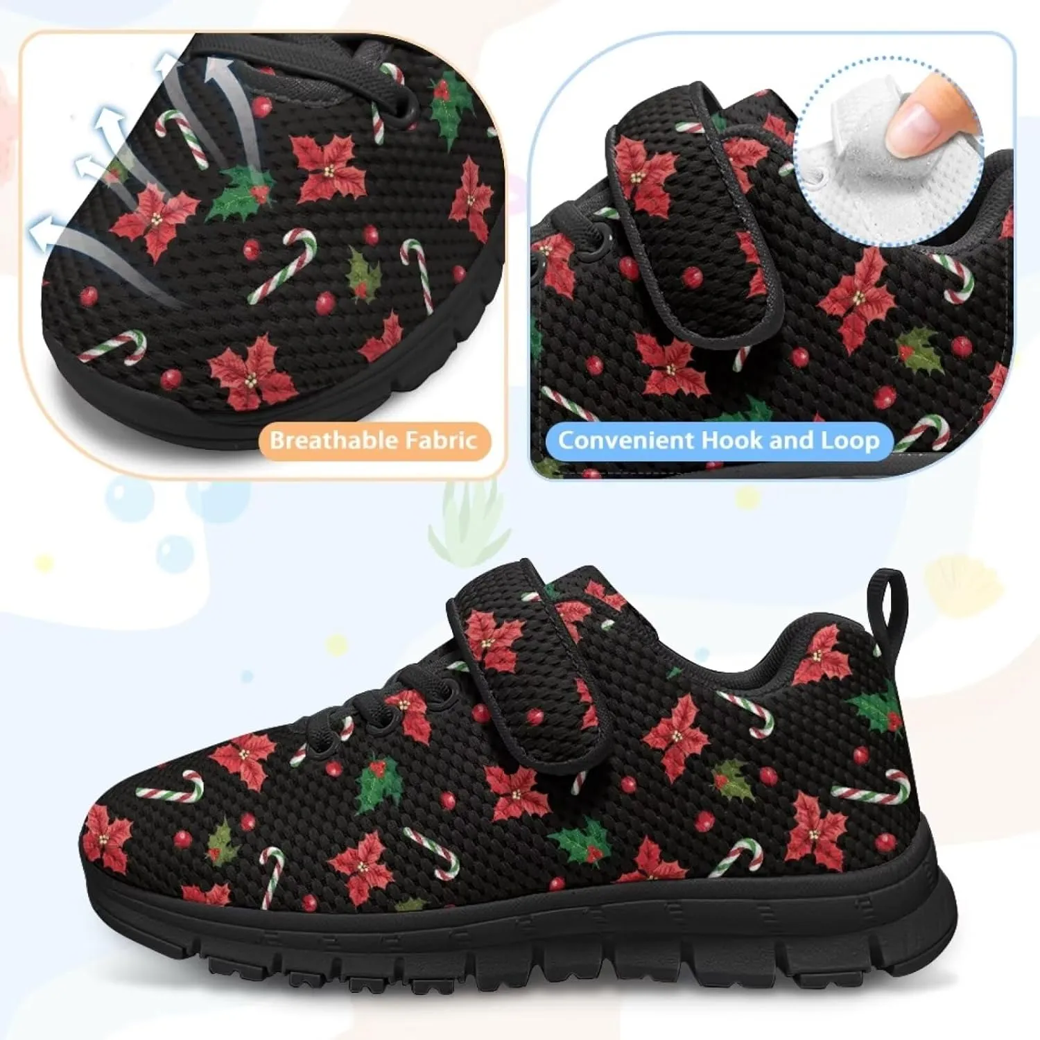 Christmas Sneakers for Girls Slip on Walking Shoes Breathable Lightweight Athletic Shoes with Hook and Loops