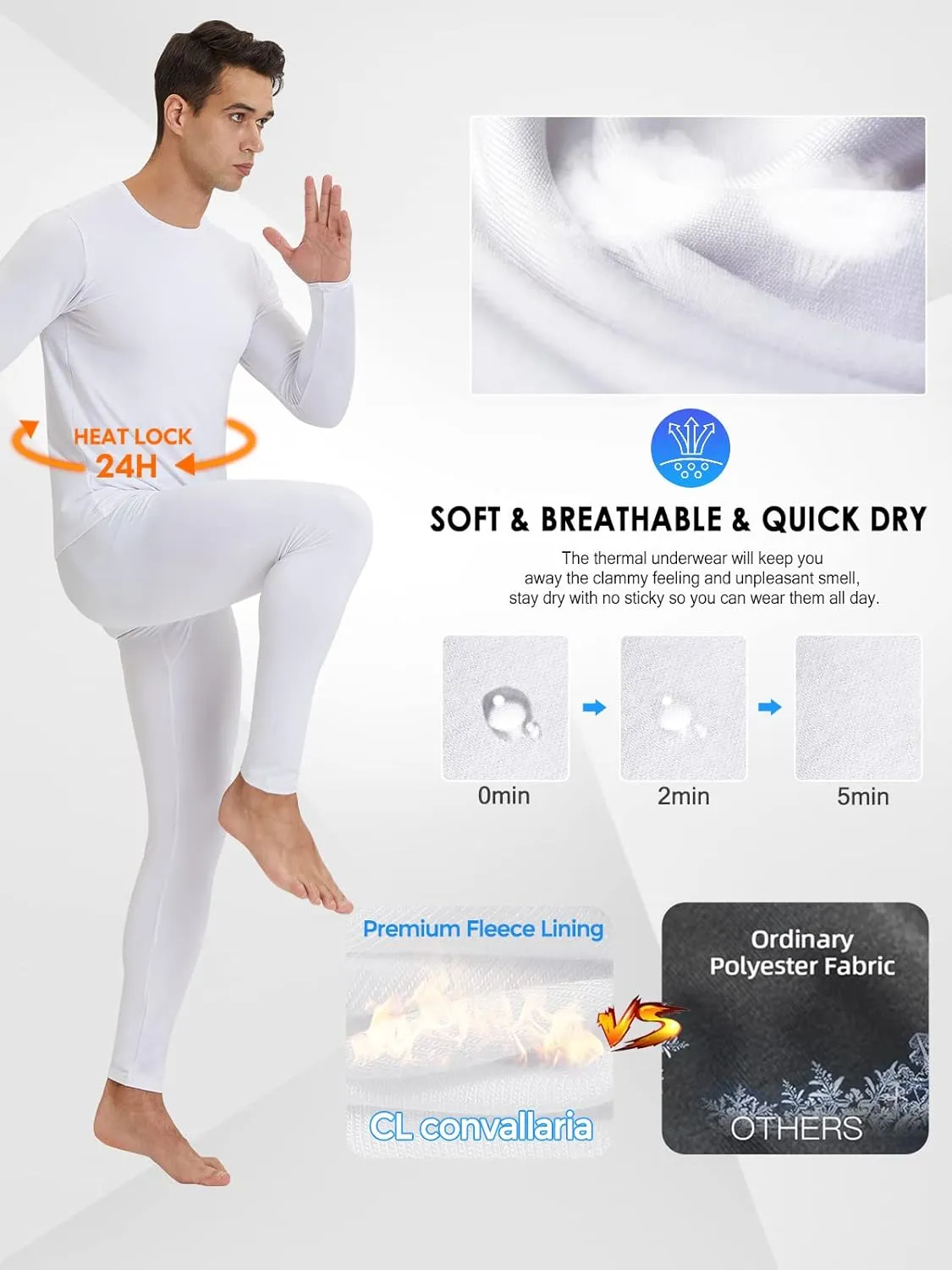 CL convallaria 2 Pack Long Johns Thermal Underwear for Men Soft Fleece Lined Base Layer Cold Weather Set XS-4XL