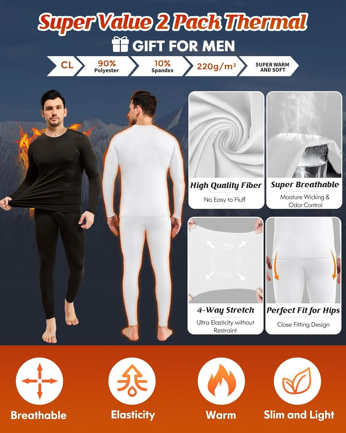 CL convallaria 2 Pack Long Johns Thermal Underwear for Men Soft Fleece Lined Base Layer Cold Weather Set XS-4XL