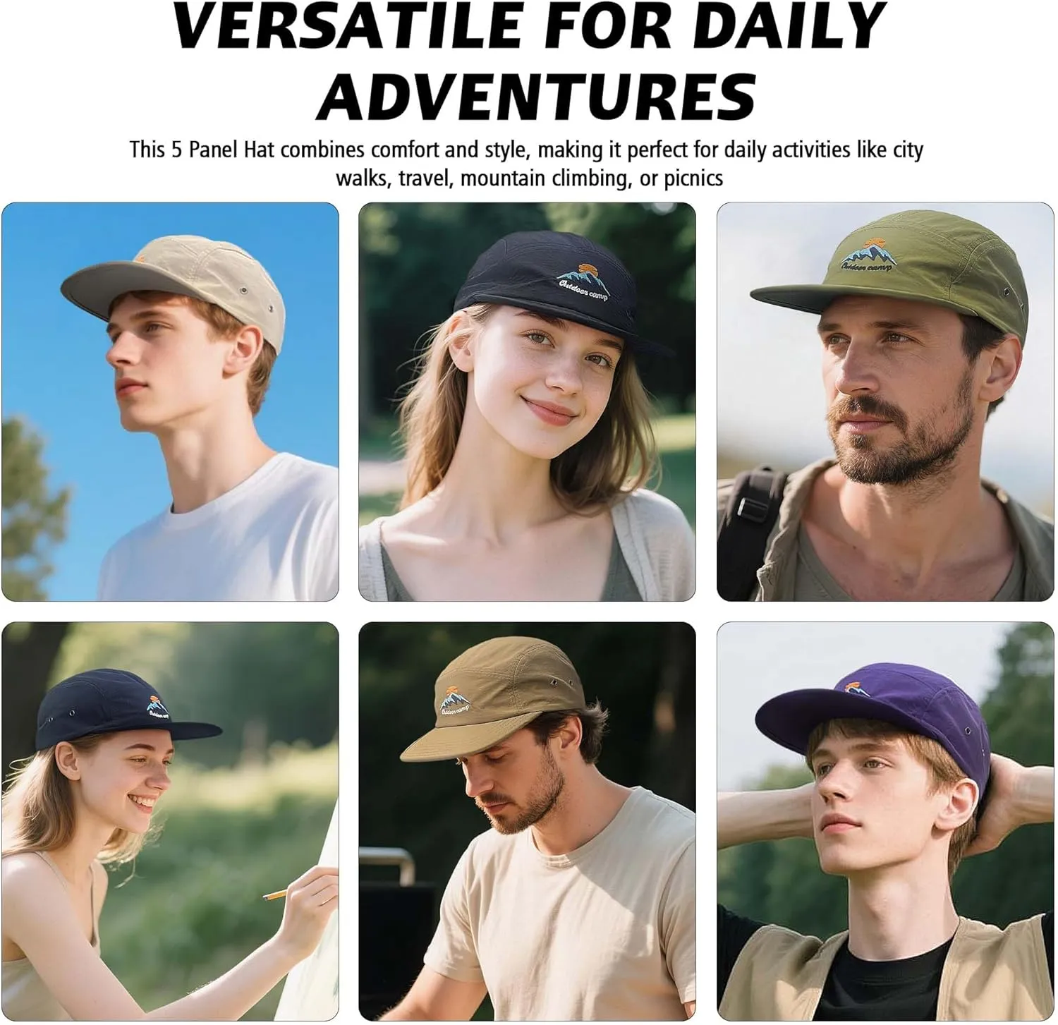 Clakllie Waterproof 5 Panel Hat for Men Quick Dry Flat Brim Baseball Cap Embroidered Trucker Hats for Running Camp Hiking Hat